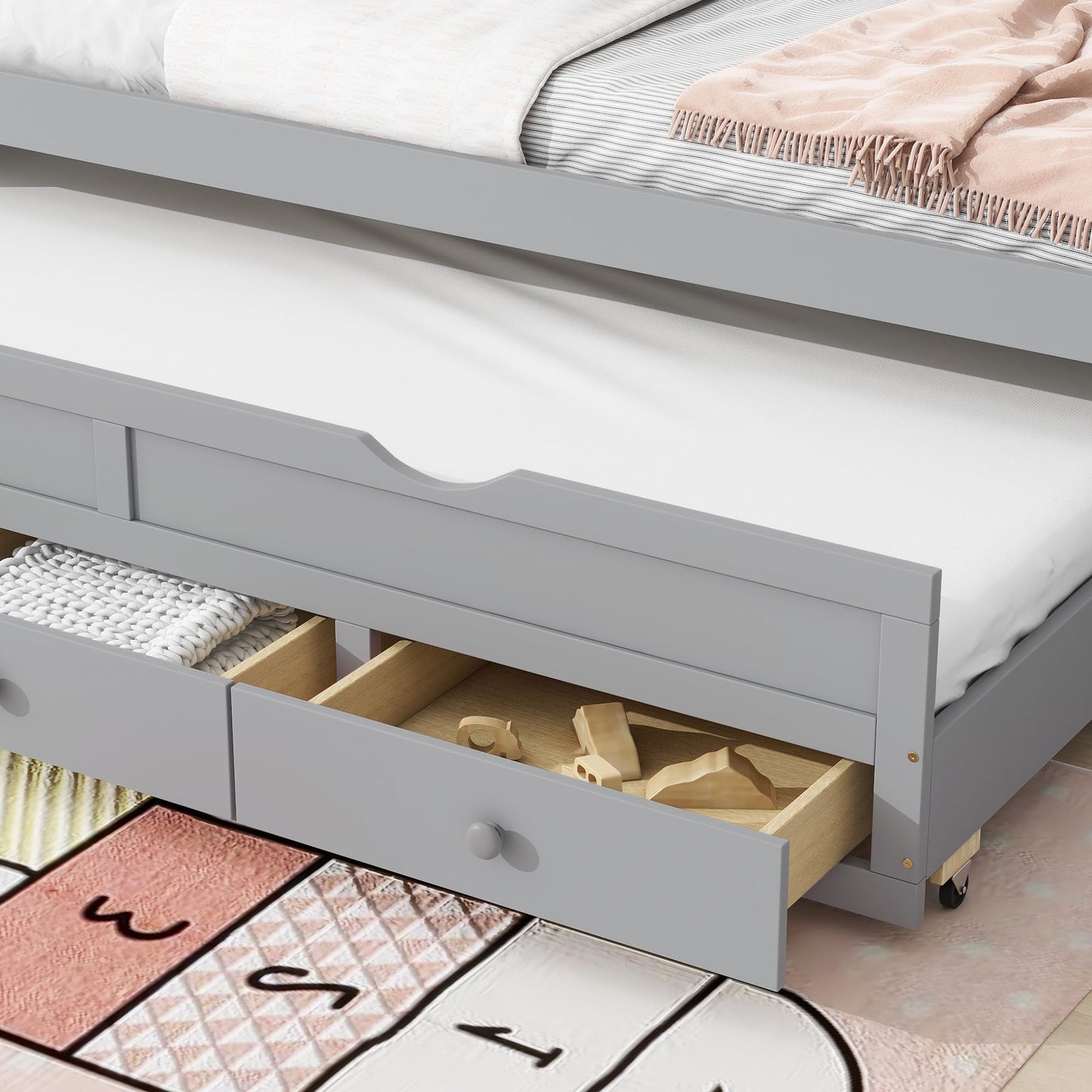 KEIKI Twin Bed Frame with Trundle & 3 Storage Drawers, Modern Captain’s Bed, Pine Platform Corner Bed with Headboard & Footboard for Living Room, Guest Room, or Bedroom, Gray