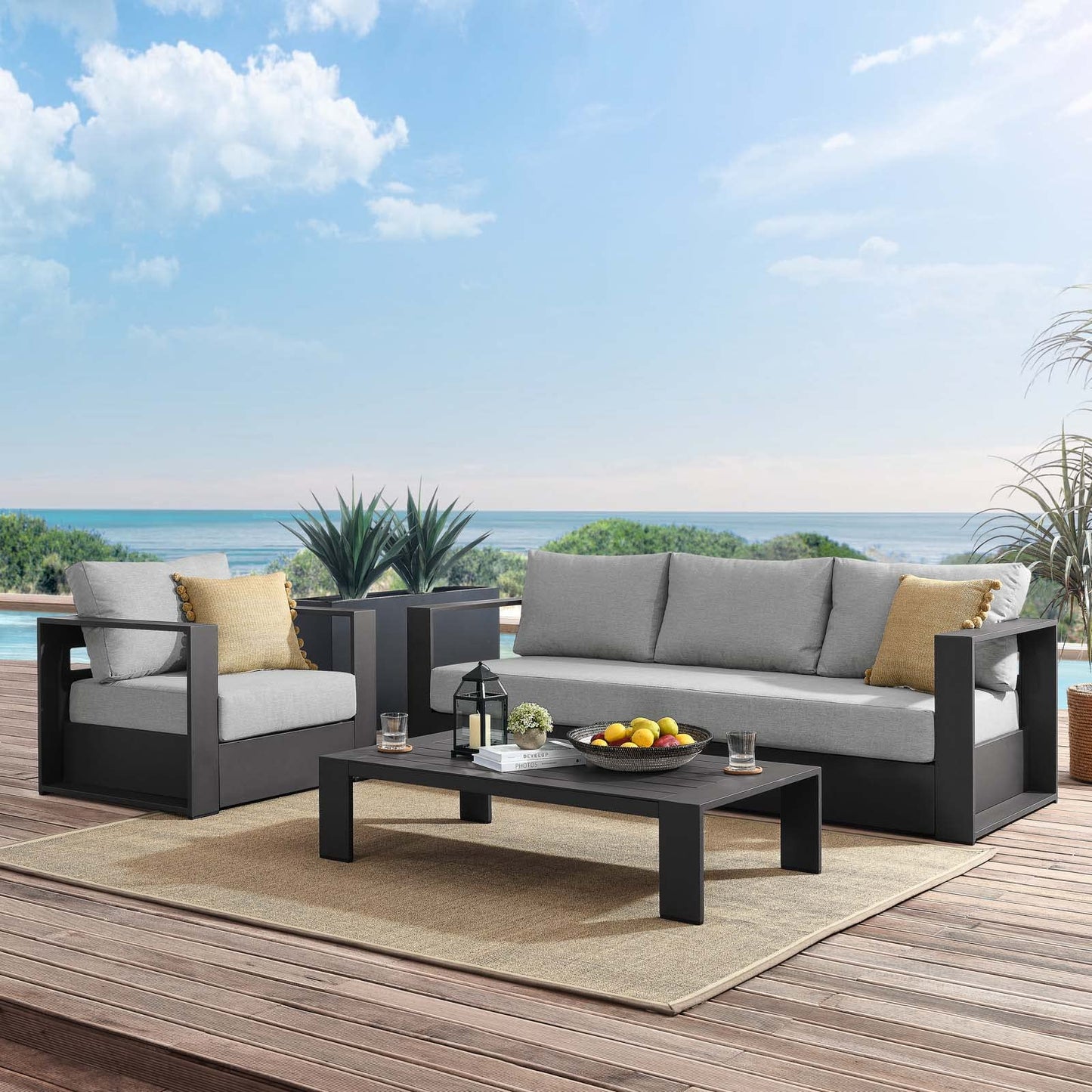Modway 3-Piece Patio Set, Gray, Outdoor Furniture, Powder-Coated Aluminum Frame, Dense Foam Padding, Water & UV-Resistant Fabric