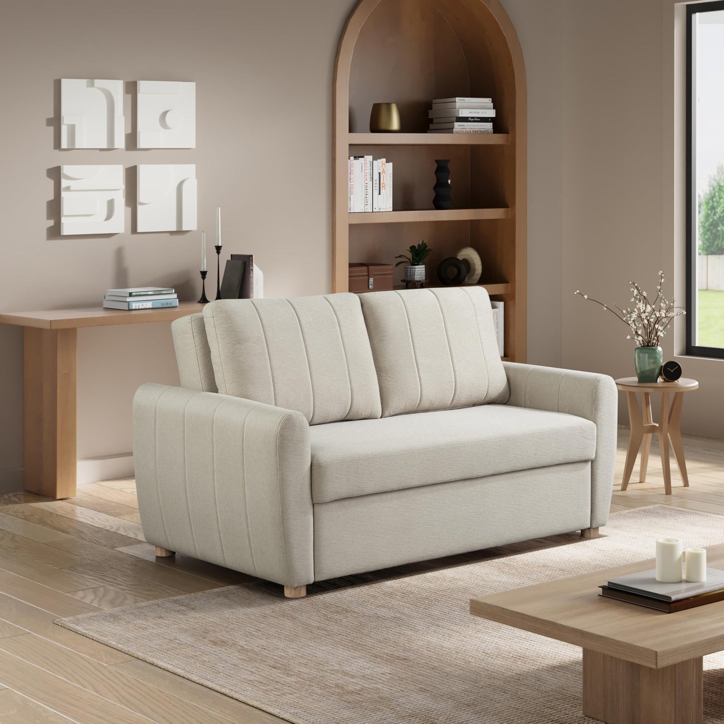 Serta Galway 66.5" Convertible Sleeper Loveseat, Full Size, Dreamcoil Comfort, FingerGuard Pinch Point Protection, Soft Woven Fabric, Beige