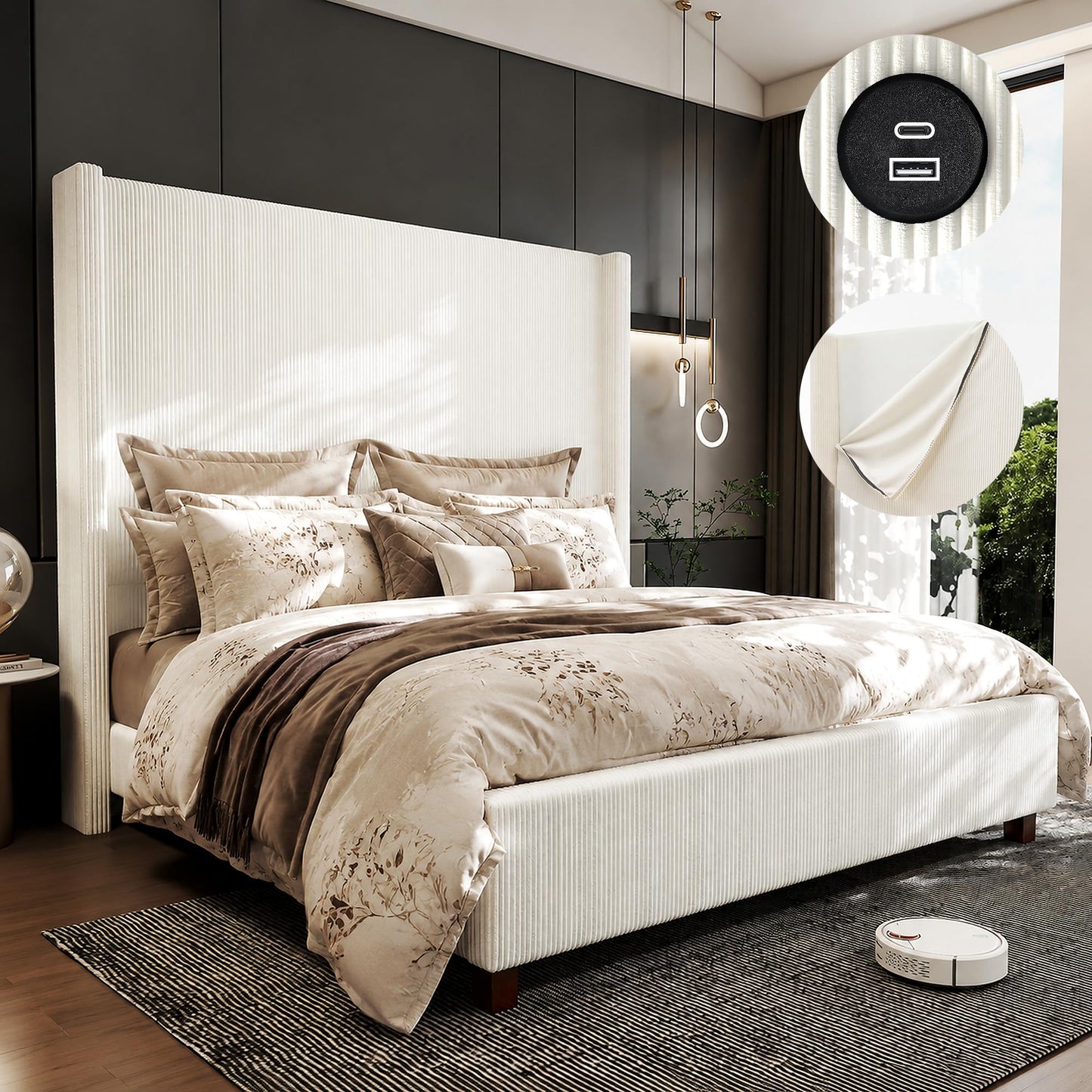 lividido Queen Size 65.2" Tall Upholstered Bed Frame with USB Charging Station,Soft Washable Corduroy Cover with Wingback Headboard, Solid Wood Legs/Noise-Free/No Box Spring Needed/Beige