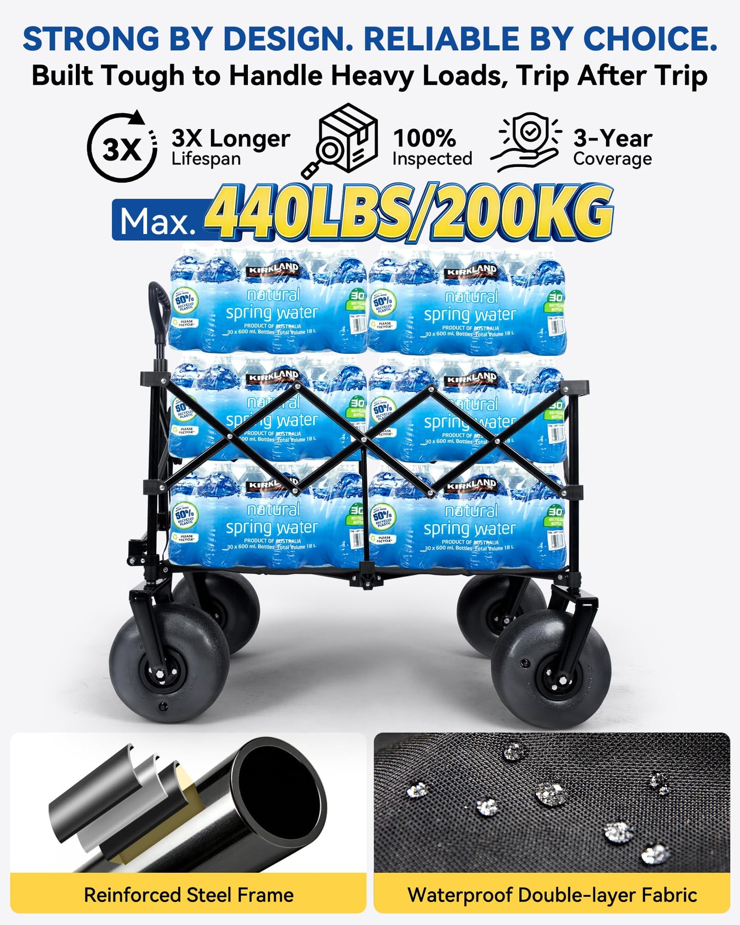 Hikenture Beach Wagon with Balloon Wheels, 9" PU Tires Collapsible Wagon, 440lbs Heavy Duty Beach Cart with Big Wheels for Sand, Large Capacity Utility Wagons Carts Foldable
