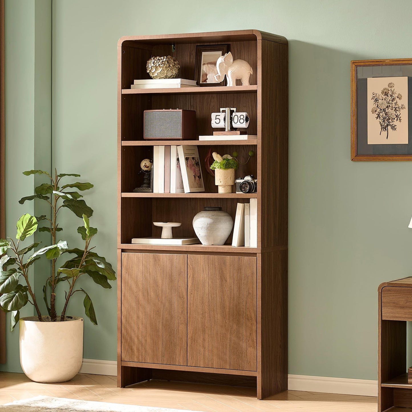 AMERLIFE 71“ Modern Bookcase with Storage Cabinets, 6-Tier Wood Bookshelf with Doors & Adjustable Shelves, Curved Design Display Cabinet for Living Room, Bedroom, or Home Office, Rustic Brown