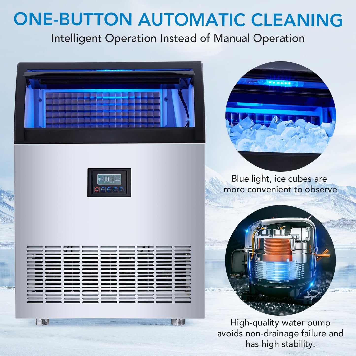 Commercial Ice Maker - 200 LBS/24H Stainless Steel Undercounter Ice Maker Machine, 420 Watt, 55 lb Storage Capacity, Produces 90 Blocks of Ice in 15 Minutes, for Bars, Cafes, Homes, Businesses