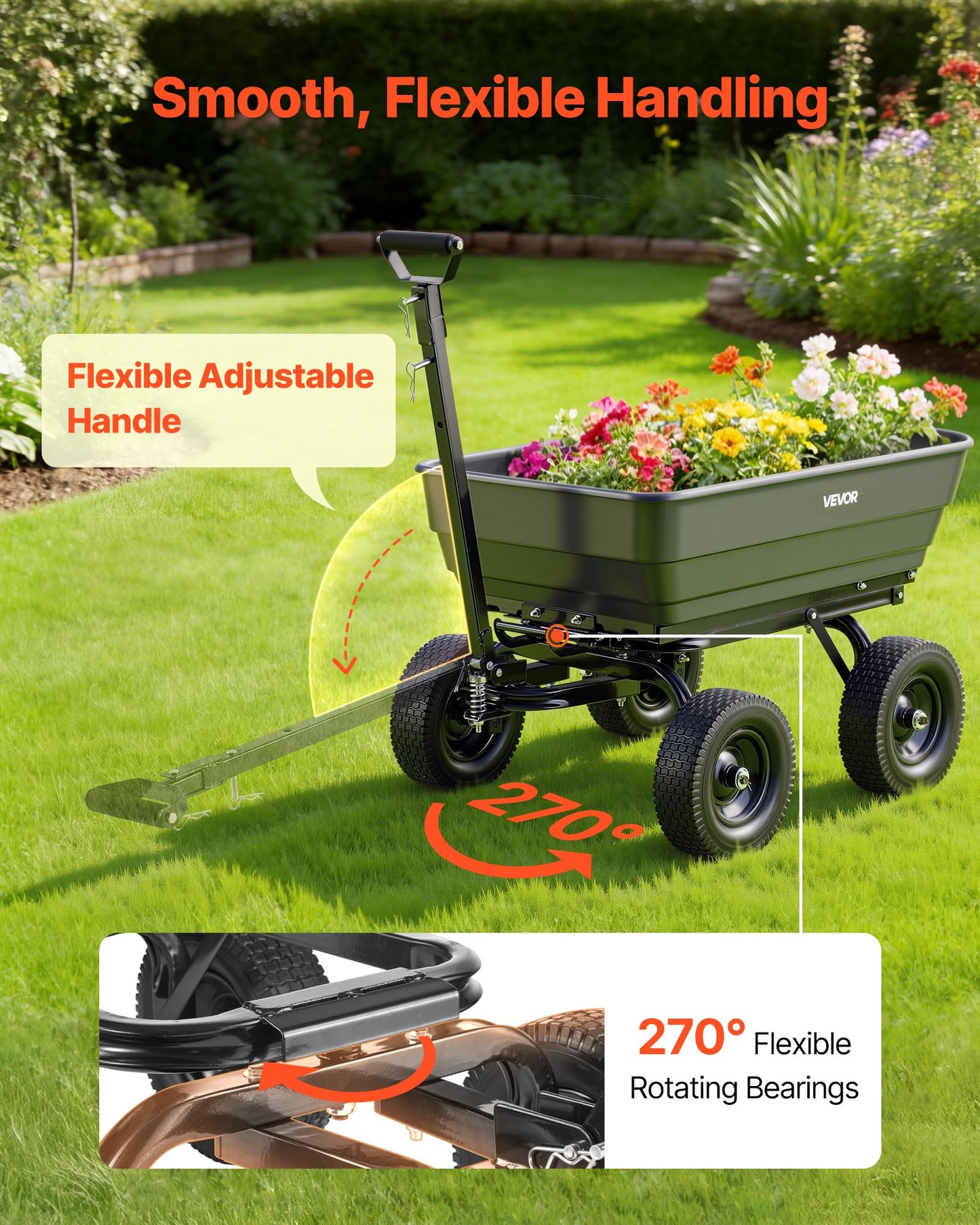 VEVOR 7 Cu.Ft 1200LBS Poly Garden Cart Dump Wagon, Heavy Duty Wheelbarrow with 2-in-1 Convertible Handle and 13" Flat Free Tires, Utility ATV Trailer Yard Dump Cart Tow Behind for Lawn Mower Tractor