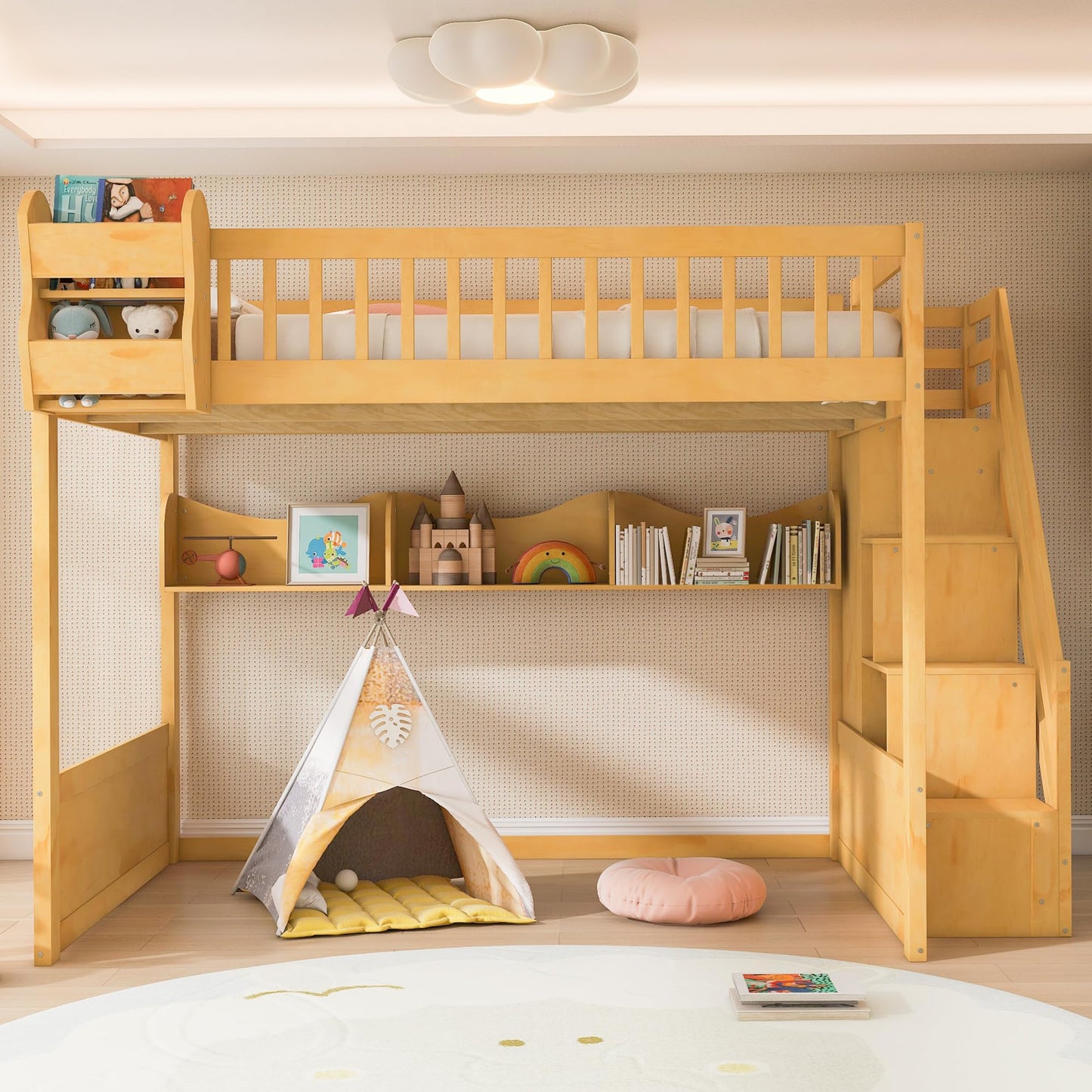 Merax Queen Size Wood Loft Bed Frame with Staircase,Storage Shelves & Wardrobe for Teens, Modern Loft Bed with Solid Slats, Guardrail, No Box Spring Required, Easy Assembly, for Bedroom, Natural