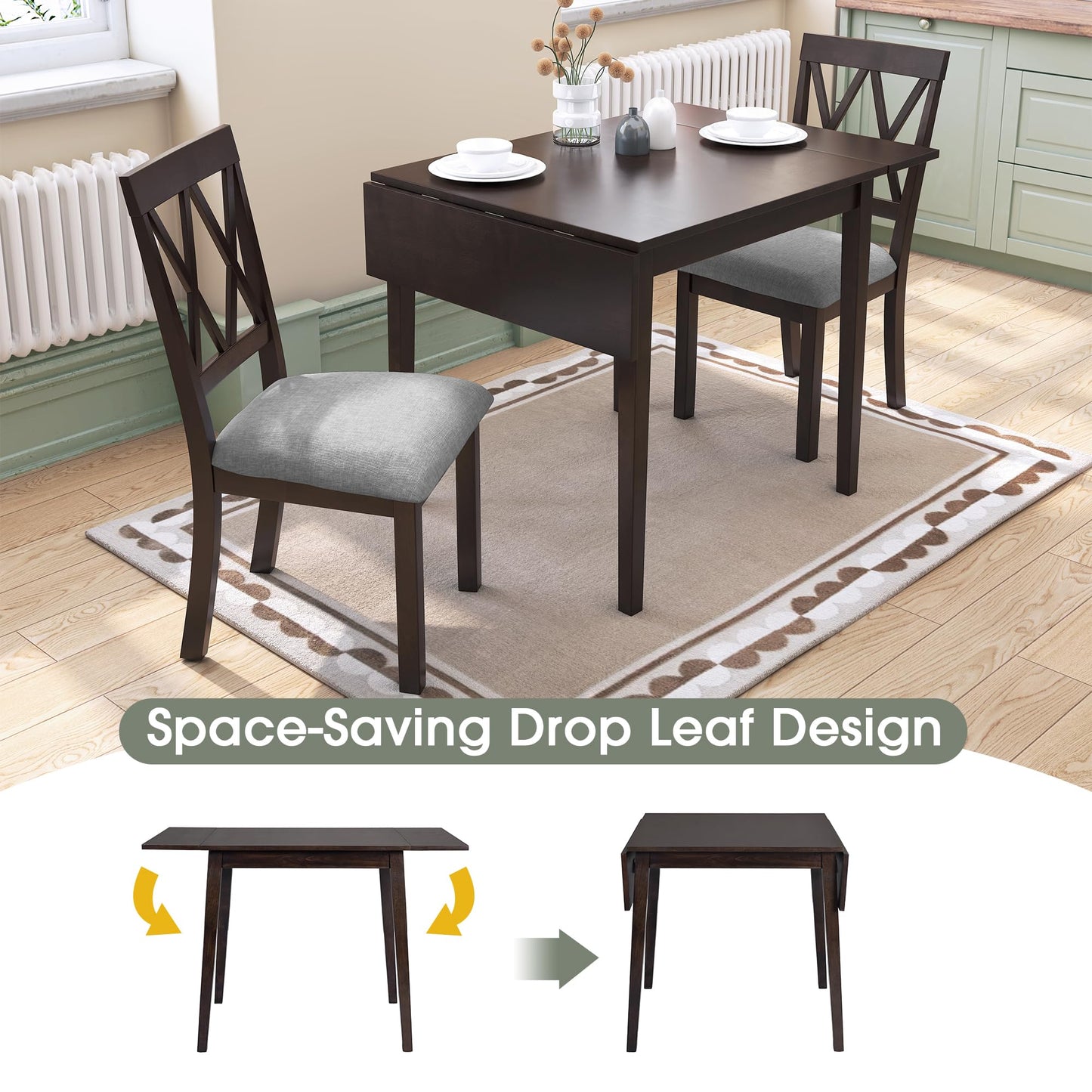 Merax Wooden 29"- 45" Extendable Rectangular Dining Table with Drop Leaf, Fits up to 4, Easy Assemble Espresso