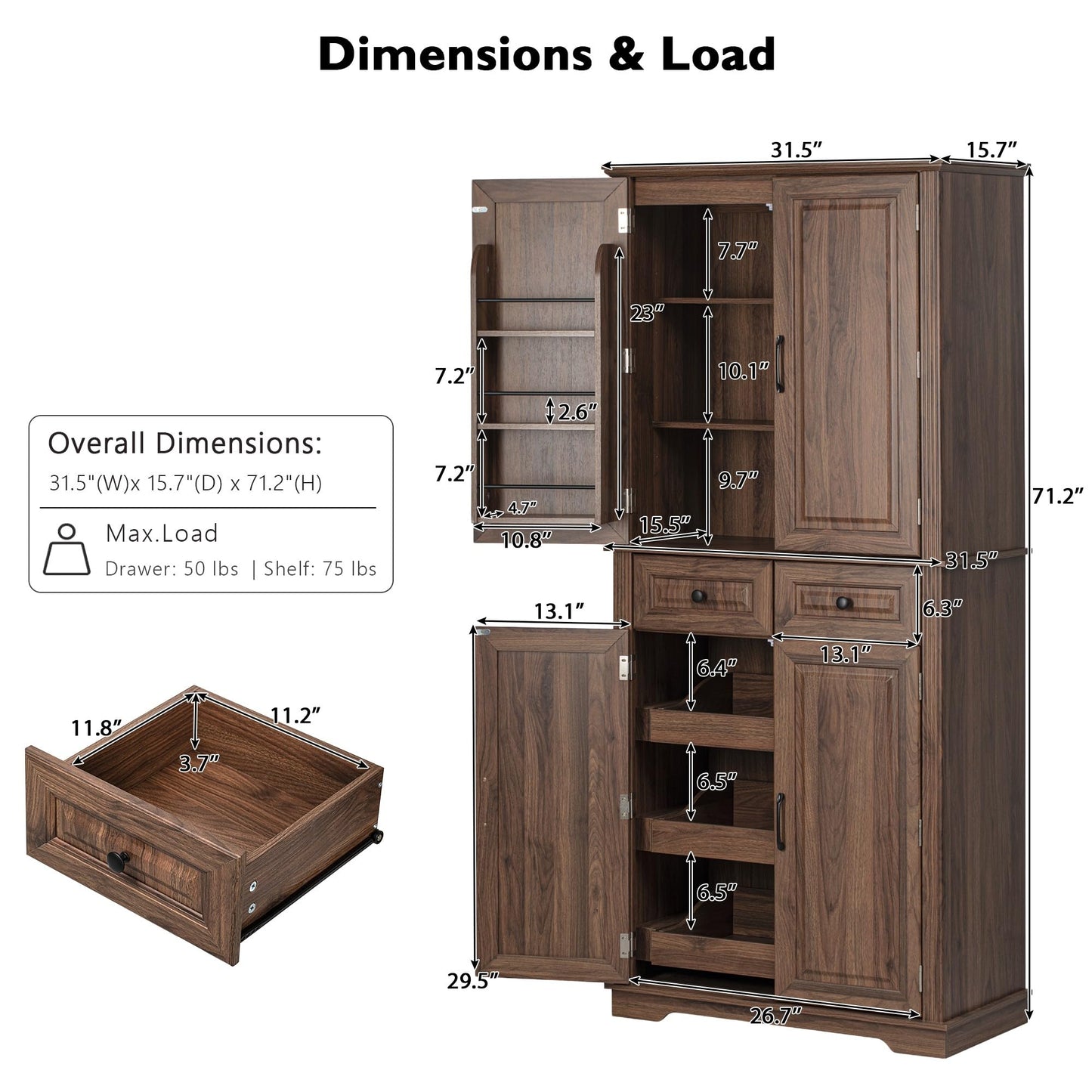 GDFStudio Hakf 71" Tall Kitchen Pantry Cabinet, 3 Pull Out Pantry Cabinet Organizers, Spacious Storage Organizer with 6 Door Shelves, 2 Drawers, Freestanding Cupboard for Kitchen Dining Room, Brown