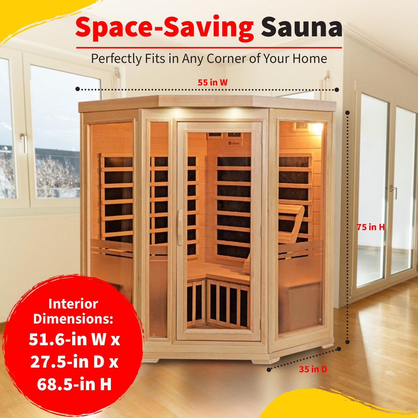 Heat Wave Sonoma 3 Person Corner Infrared Wood Sauna for Home - Thick Hemlock Interior with Chromotherapy Light & 7 Carbon Infrared Heaters for Energy-Efficient, Low EMF Infrared Sauna Relaxation