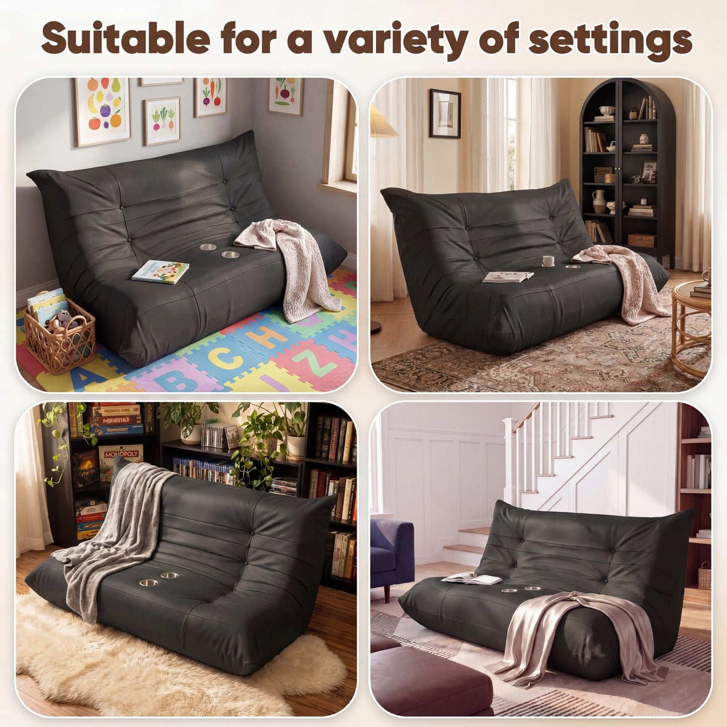 YESHOMY Boneless Loveseat Couch, Oversized Ergonomic Floor Sofa Couch, Durable PU Leather Sofa with Cup Holders, No Assembly Fireside Couches for Living Room, Bedroom (Black)