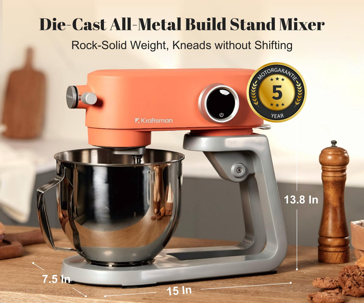 Kraftsman All-Metal Stand Mixer 5.3-Quart - Professional Kitchen Electric Food Mixer with Stainless Steel Mixing Bowl & Attachments for Baking, Dough & Cake, 8-Speed Control & Timer (Orange)