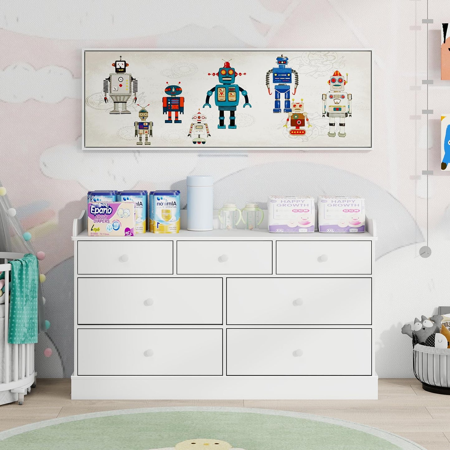Vabches Kids Dresser Cabinet with 7 Drawers, Changing Table for Nursery, White Chest of Drawers, Baby Dresser, Kids Bedroom Furniture, Nightstand for Child’s Room, White