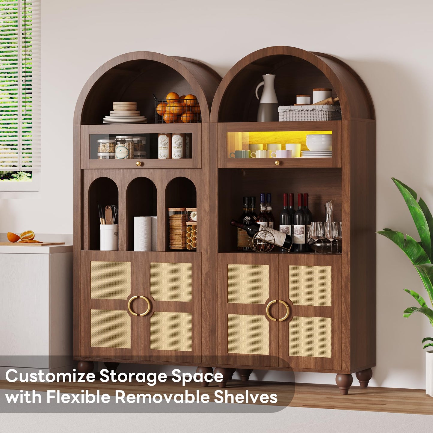 LIKIMIO 72.8" Tall Arched Cabinet, 5-Tier Bookshelf, LED Light Display Cabinet with Glass Doors, Rattan Storage Pantry with Adjustable Arch Shelf for Kitchen, Living Room, Office, Walnut