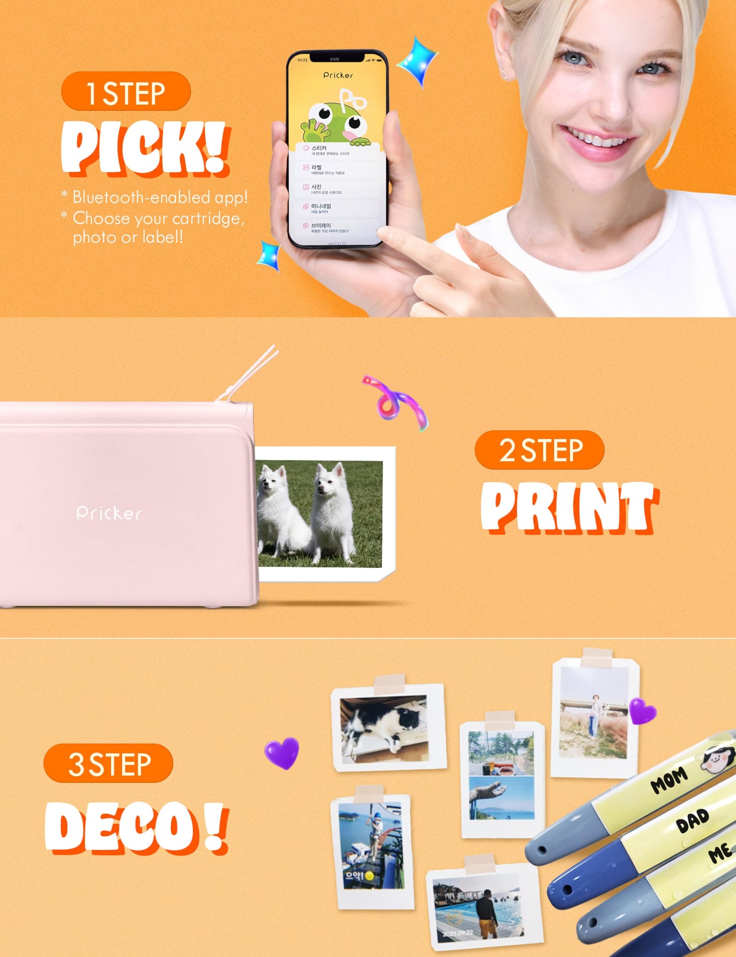 Pricker+ Photo Sticker Printer | 6PASS Multi Wireless Portable Printer for Phone | Mini Photo Printer w/ 10 Sheets + Label 10 Sheets | Customizable Color Sticker Printer 2.56 x 3.57 Inch (Pink)