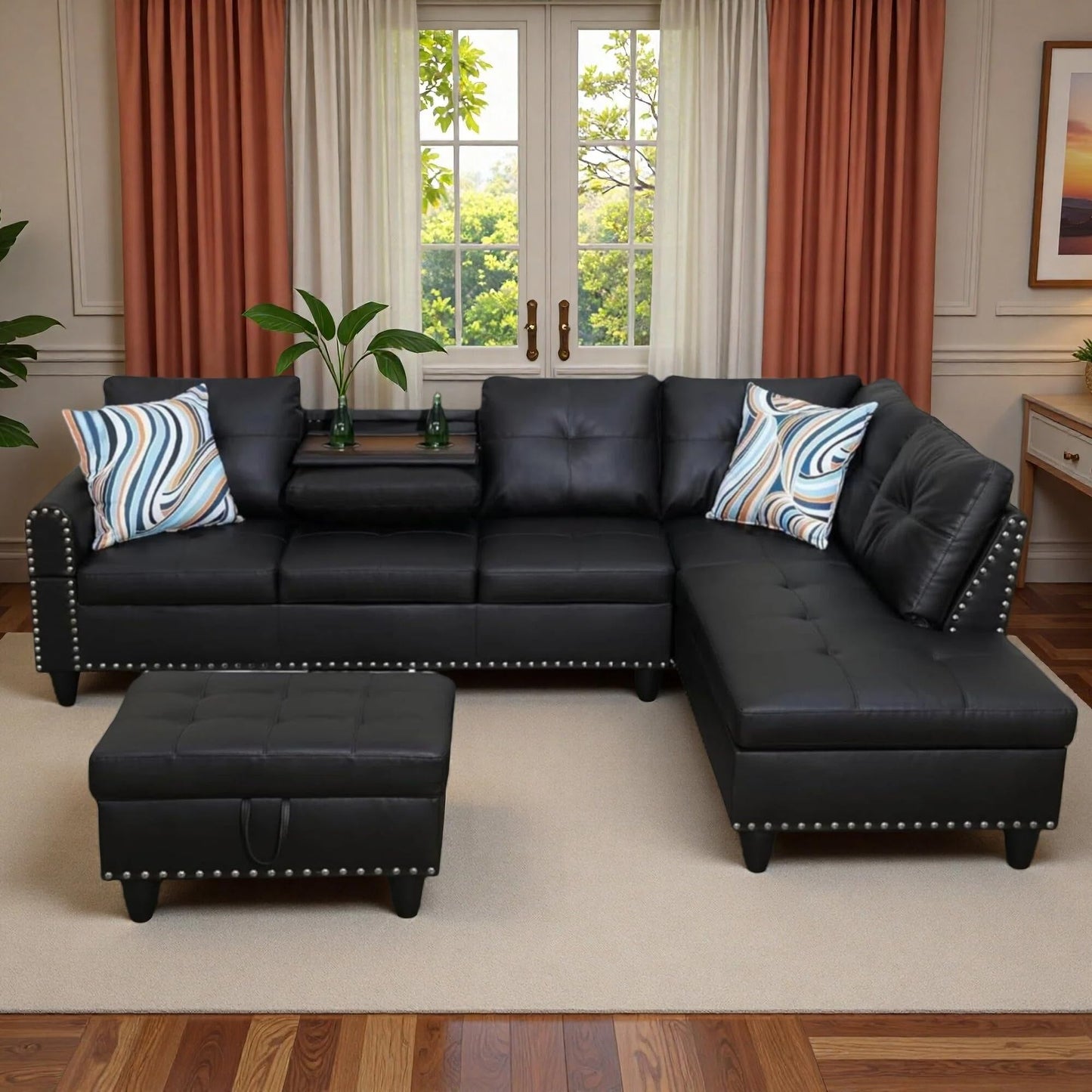 Trygoal L-Shaped Sectional Sofa with Movable Chaise & Storage Ottoman, Leather 3-Piece Modular Convertible Couches for Living Room, Apartment & Office, Black