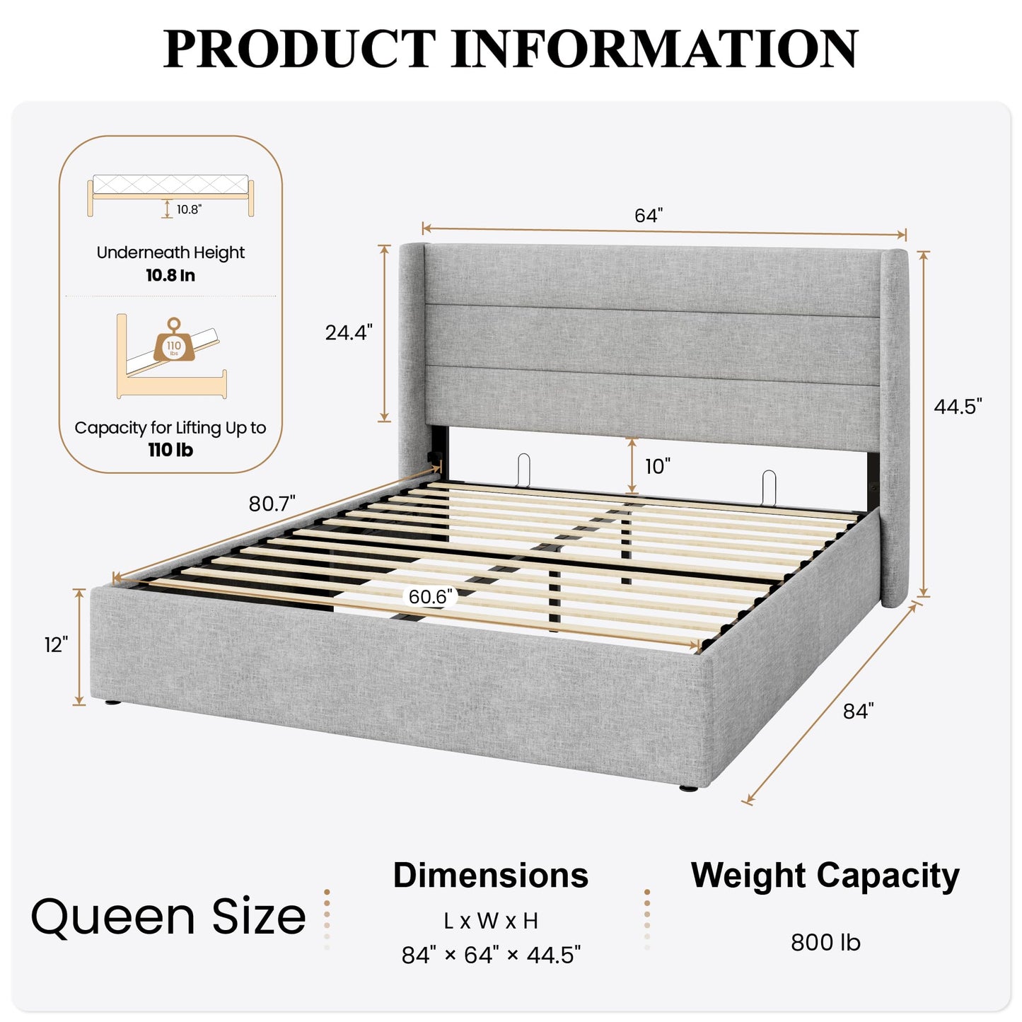 SHA CERLIN Queen Size Lift Up Storage Bed/Modern Wingback Headboard/Upholstered Platform Bed Frame/Hydraulic Storage/No Box Spring Needed/Wood Slats Support/Light Grey