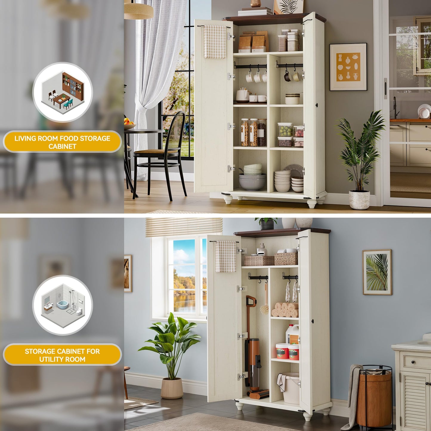 DWVO 4-Tier Storage Cabinet with 2 Shutter Doors, Farmhouse Kitchen Pantry Cabinet with Adjustable Shelves, Wooden Cabinet for Kitchen, Dining Room, Living Room, Office, Rustic White