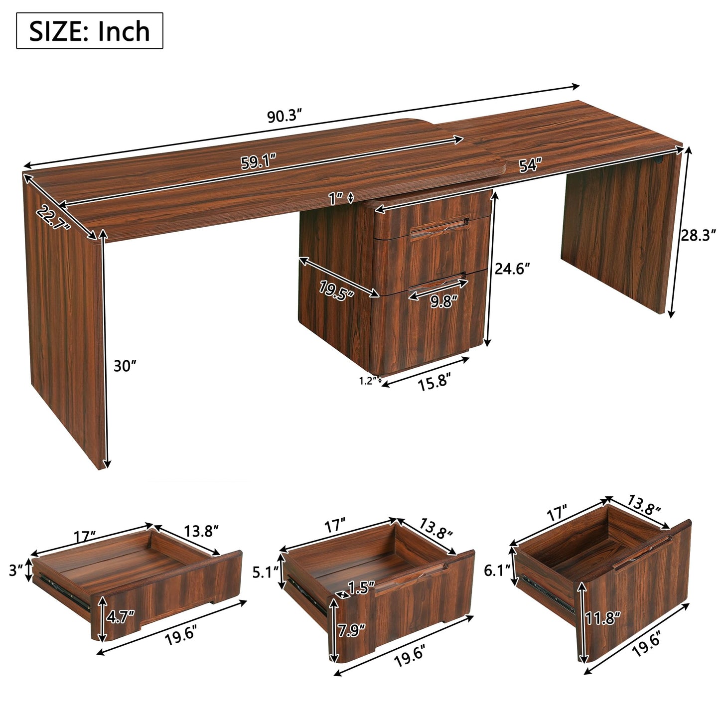 Merax 360° Rotating L-Shaped Desk with 3 Drawers | 90" Modern Corner Computer Desk for Home Office, Living Room, Executive Writing Study Work, Walnut
