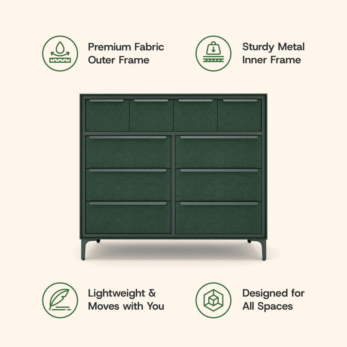 tinge Naima Premium Fabric Dresser - Strong Metal Frame, 10 Spacious Sag-Proof Drawers with Sleek Metal Handles - Premium & Durable Storage Solution for Your Home (Green)