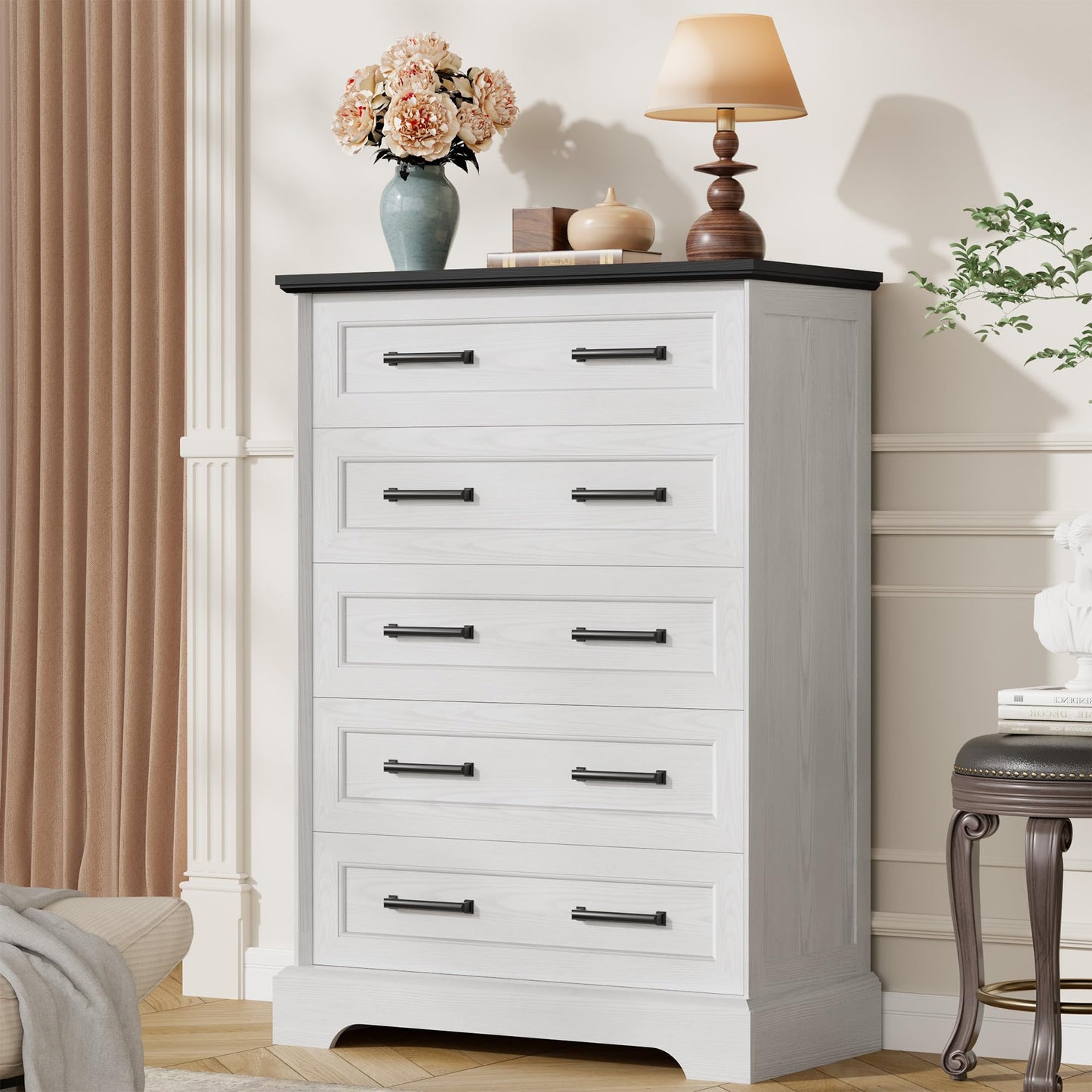 Furmax Farmhouse Dresser for Bedroom, 5 Drawers Dresser, Wood Chest of Drawers, 31.5" Wide Storage Dressers Organizer for Bedroom, Living Room (White and Black)