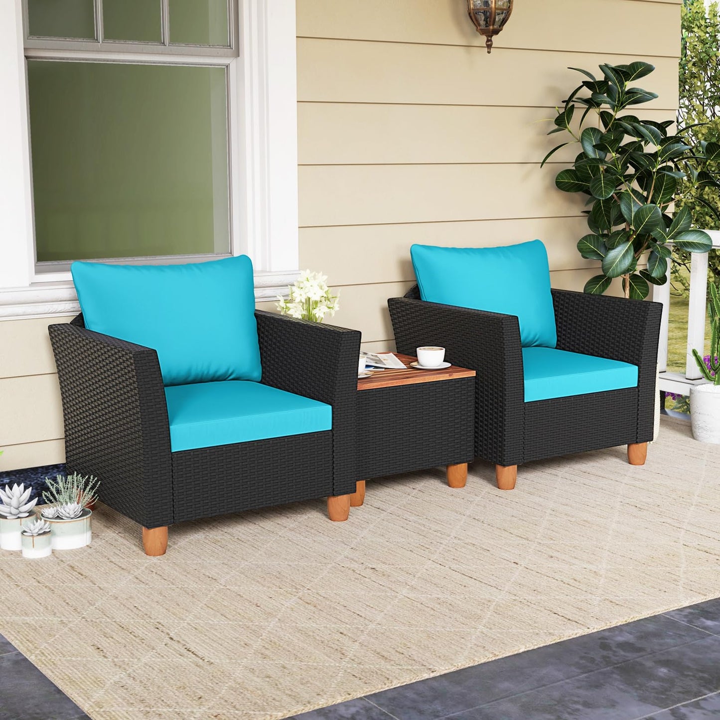 Tangkula 3 Pieces Patio Porch Furniture Set, PE Rattan Wicker Chair Conversation Set with Cushions and Storage Table, Outdoor Acacia Wood Bistro Set for Garden, Poolside (Turquoise)