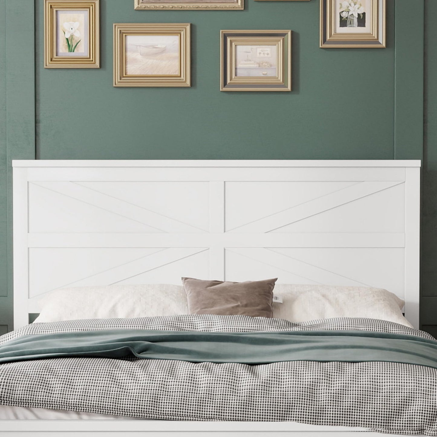 KEIKI Farmhouse Queen Size Platform Bed Frame with Headboard and Footboard, Pinewood Bed Platform with Slat Support, No Box Spring Needed Bedframe, Under-Bed Storage, Barn Door Designed
