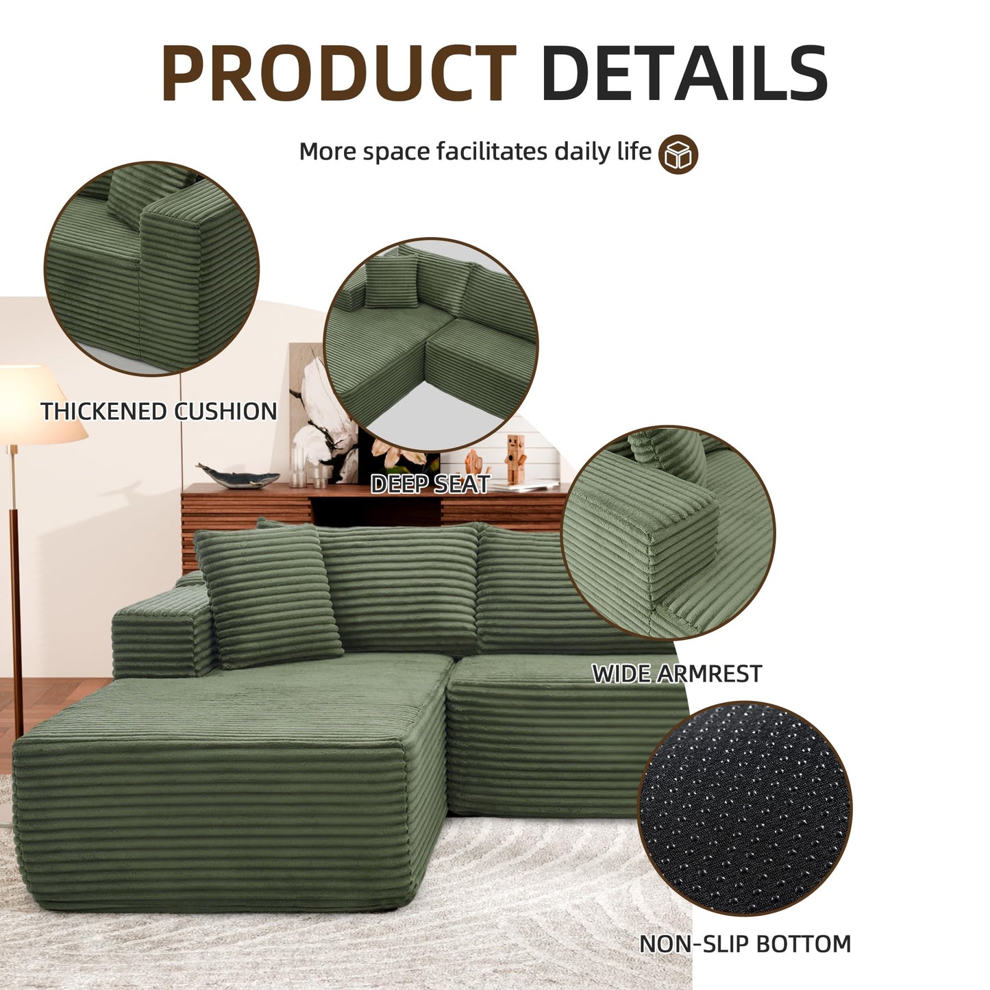 Topcomfy 106” Modular Sectional Sofa, Cloud Sectional Couch with High-Density Memory Foam, L-Shaped Boneless Sofa for Living Room, Pet-Friendly Corduroy Modular Couch, No Assembly Required Green