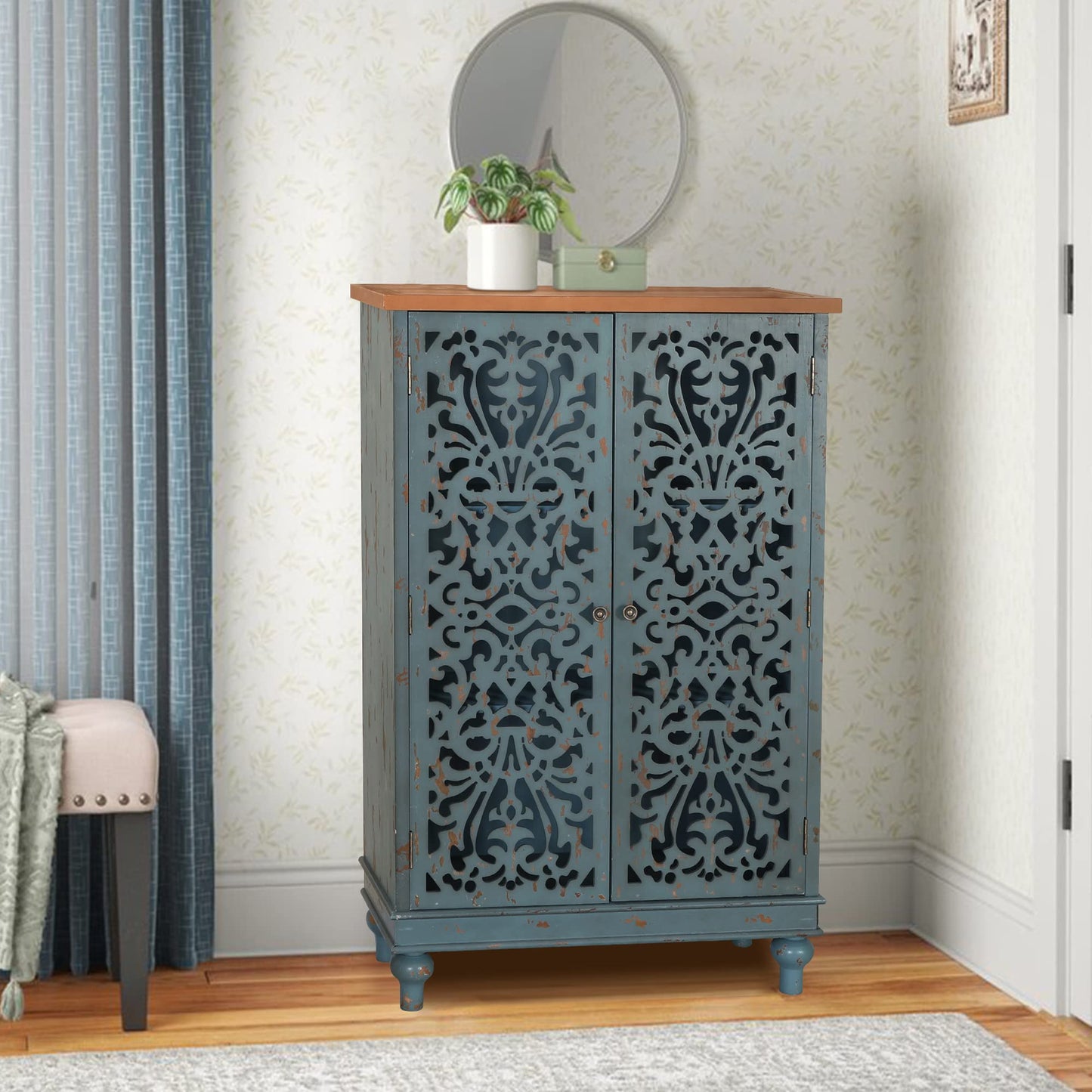 PHI VILLA Tall Accent Cabinet with Doors - Credenza for Living Room Farmhouse Storage Cabinet with Hollow Carved Door, 2 Door Accent Cabinets