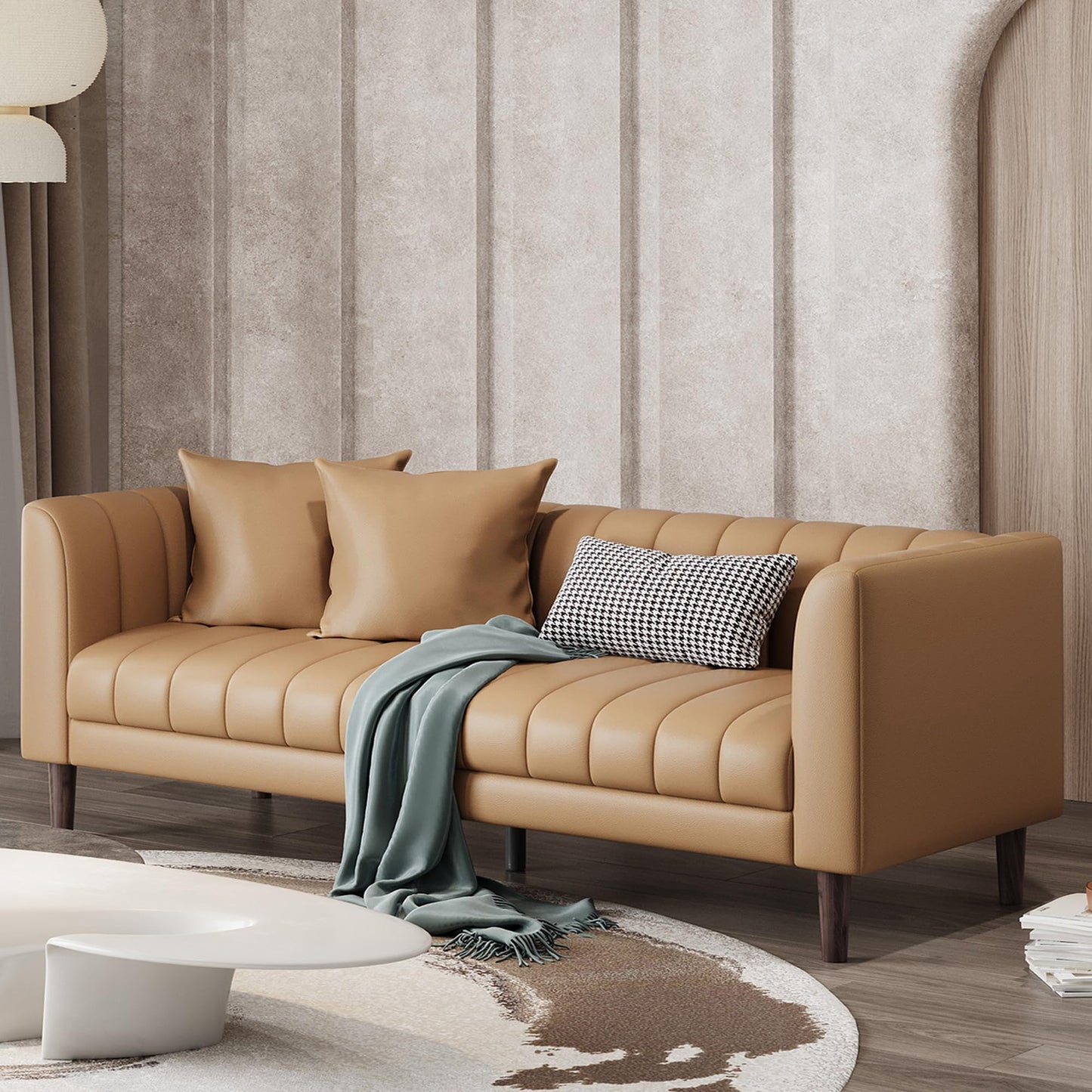 IDEALHOUSE 83" W Faux Leather Sofa Couch for Living Room, Modern 3 Seater Sofa Couch with Deep Seats, 2 Throw Pillows and Wood Legs, for Small Space, Bedroom, Apartment, Home Office, Brown