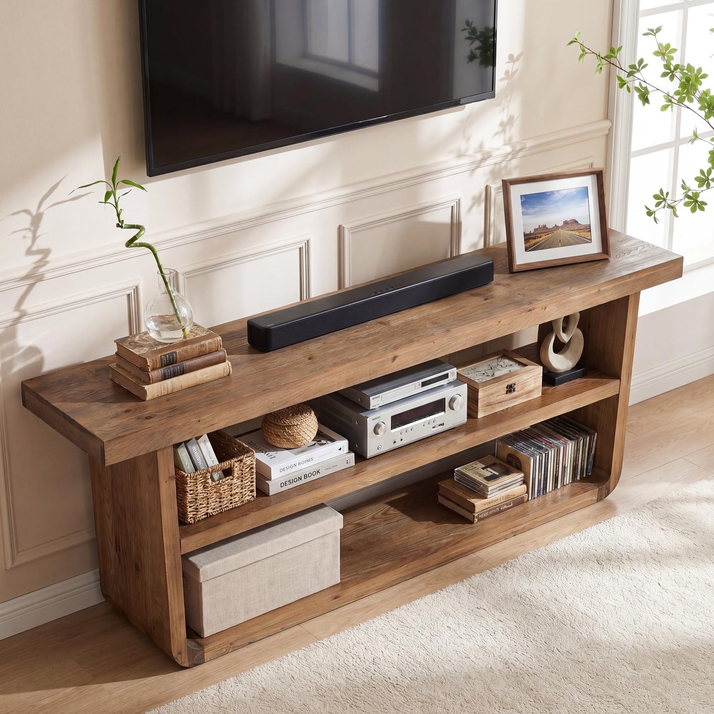TRIBEWOOD 63" Solid Wood TV Stand, 3-Tier Entertainment Center with Storage, Farmhouse Television Stand for 55/60/65/75-Inch TVs, Wooden TV Table for Living Room, Bedroom