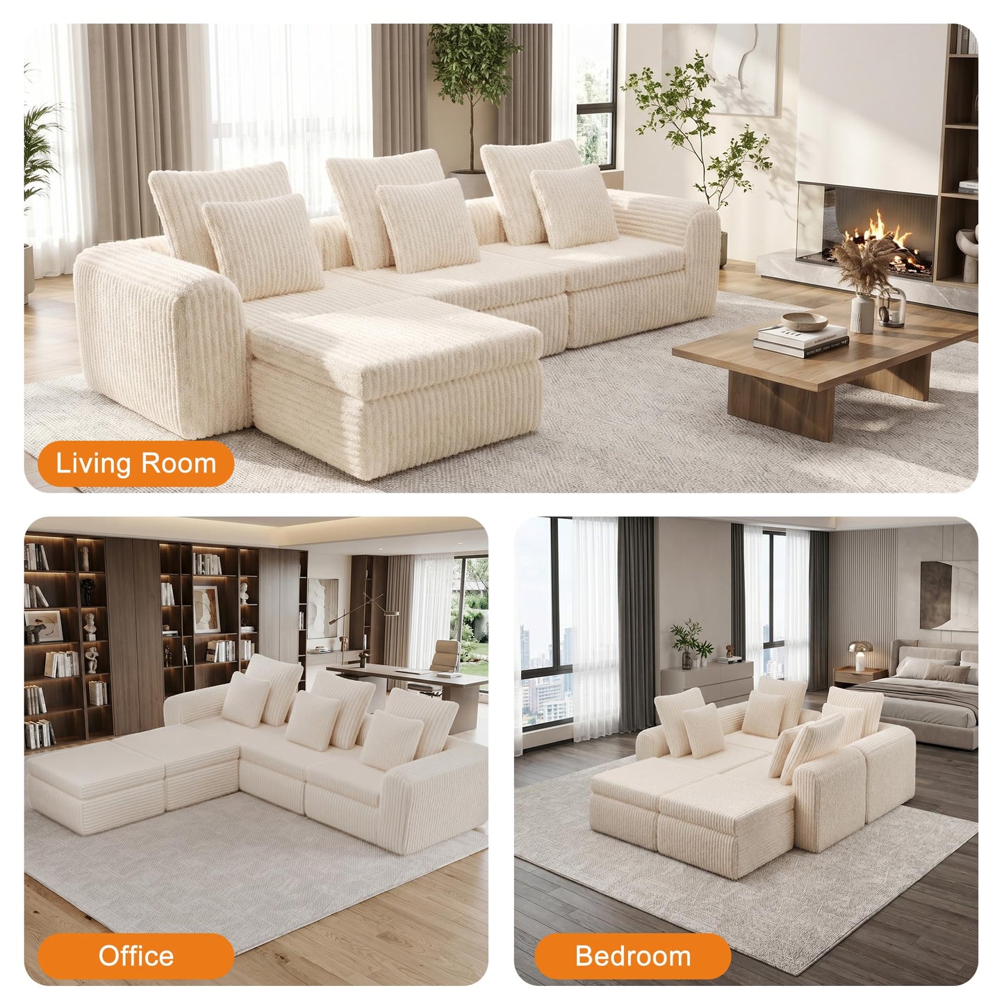 Feonase Modular Sectional Sofa, Cloud Sectional Couch with Deep Seat, 106.3'Modern Modular L Shape Sofa Couch with Chaise, Upholstered Boneless Couches for Living Room Bedroom, Beige