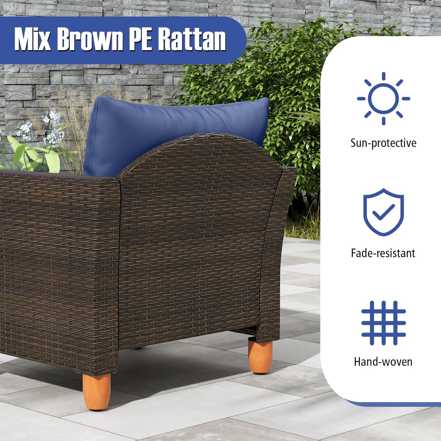 Tangkula 3-Piece Patio Furniture Set, Patiojoy Outdoor PE Wicker Bistro Set with Soft Cushions and Solid Acacia Wood, Outdoor Conversation Set with Porch, Balcony and Garden (Navy)