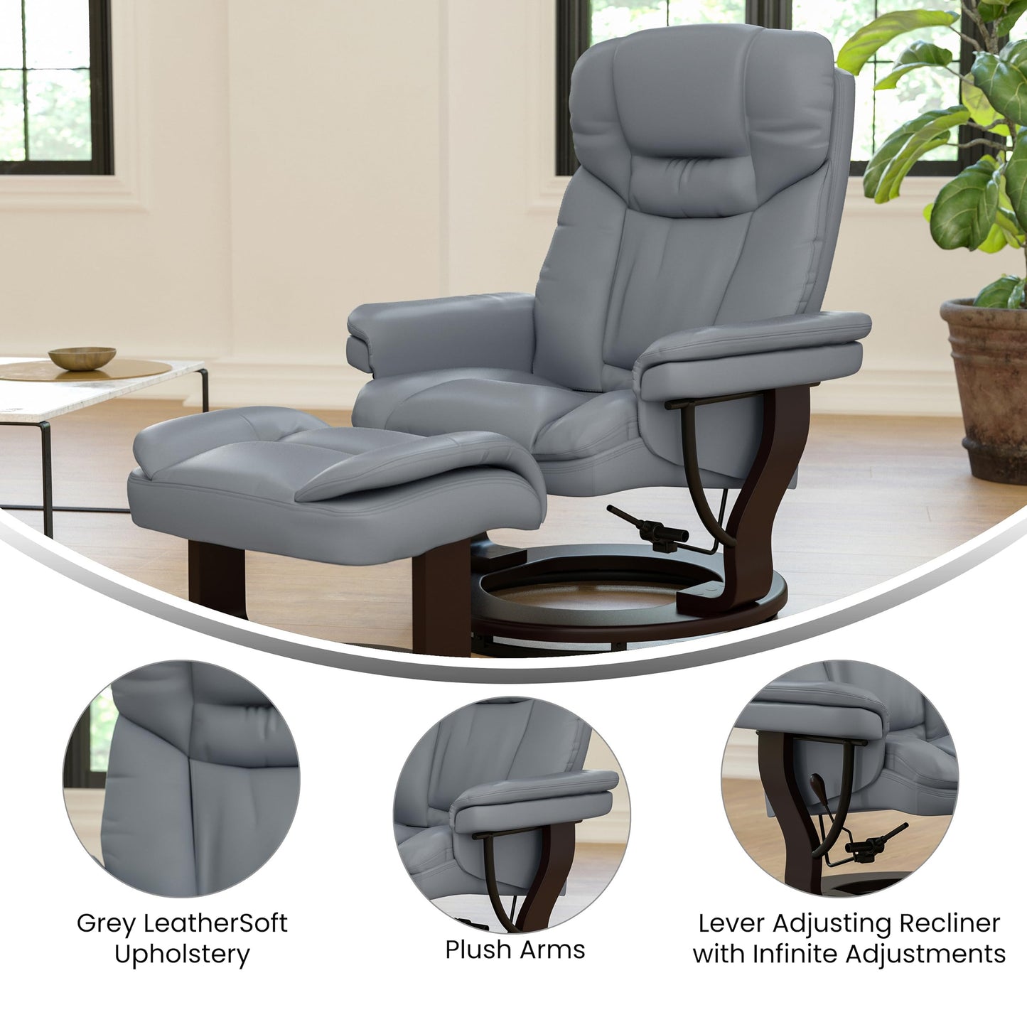 Flash Furniture Allie Contemporary Multi-Position Recliner and Curved Ottoman with Swivel Mahogany Wood Base in Gray LeatherSoft