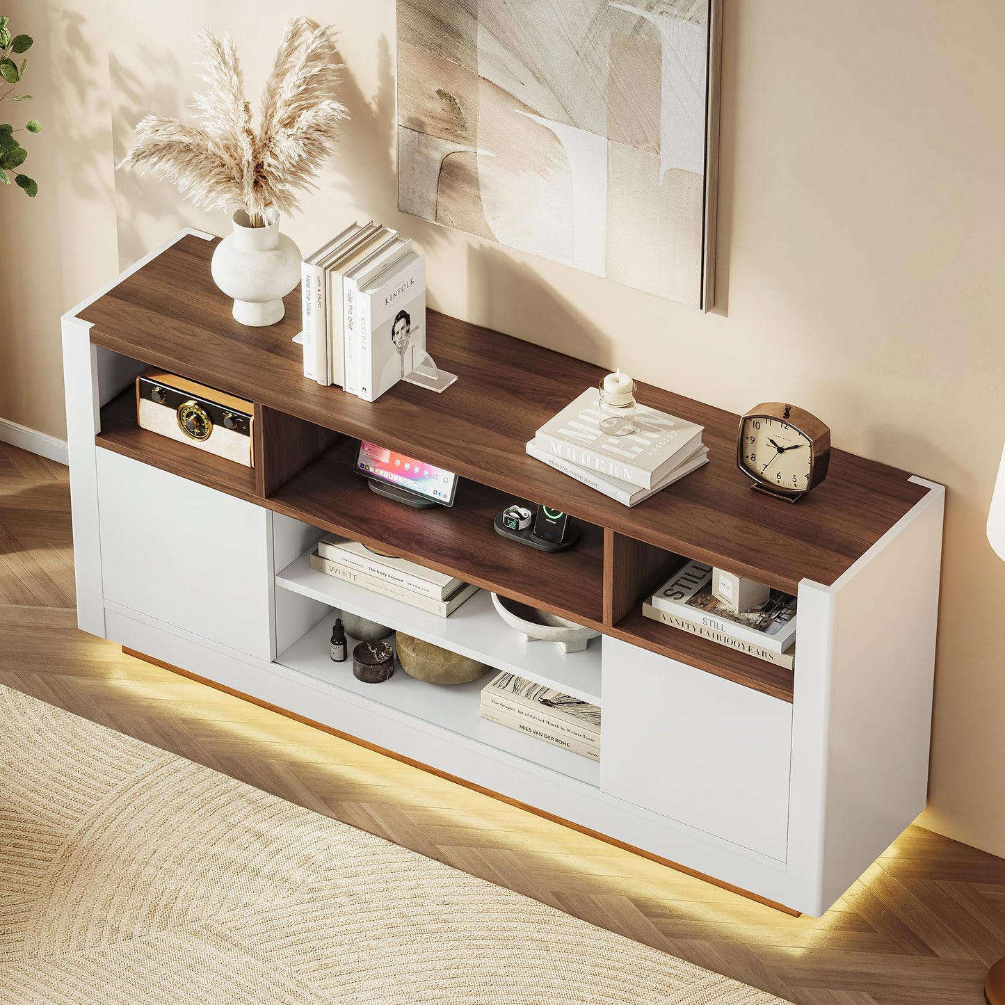 LIKIMIO Modern TV Stand for 70" TV, Entertainment Center with Charging Station & LED Lights, Media Console with Sliding Doors, Open Shelves, Console Table for Living Room and Bedroom