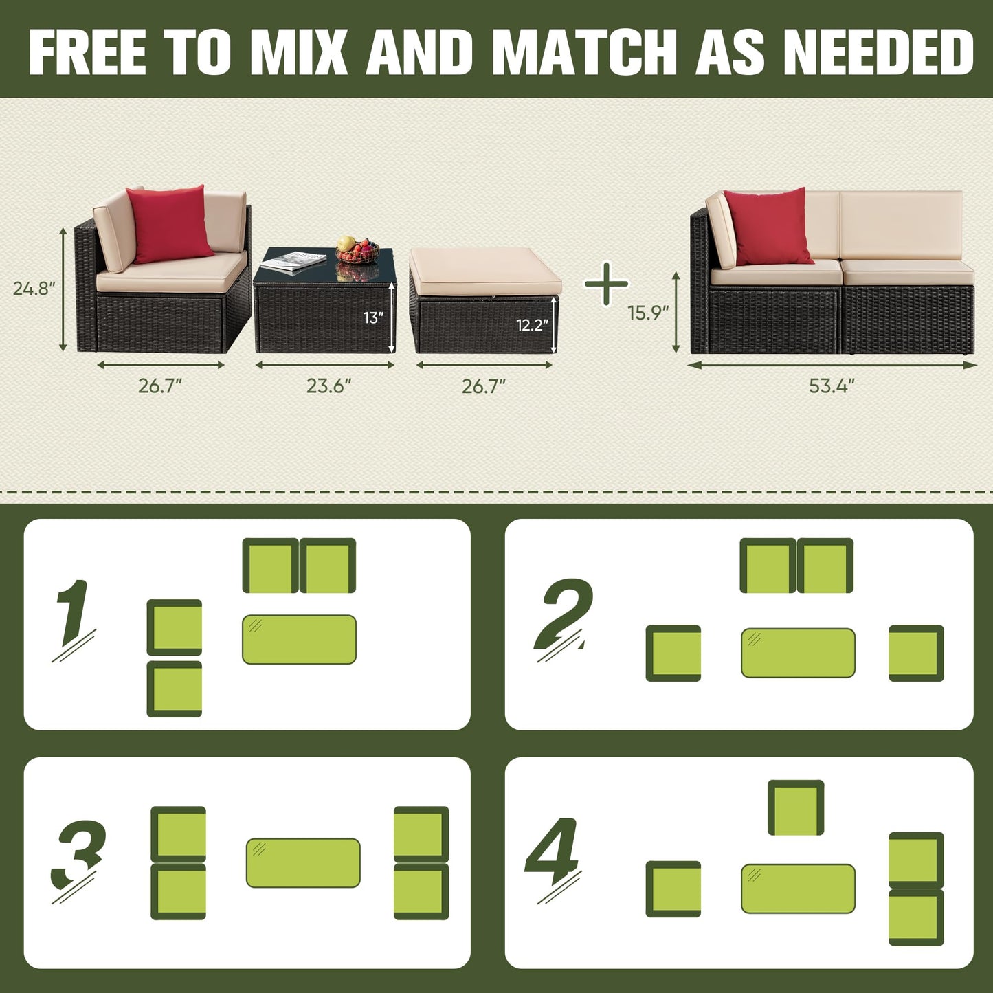 Greesum 2-Piece Patio Conversation Set Wicker Rattan Furniture Outdoor Sofa with Cushions,Pillows for Porch,Lawn and Yard, Beige