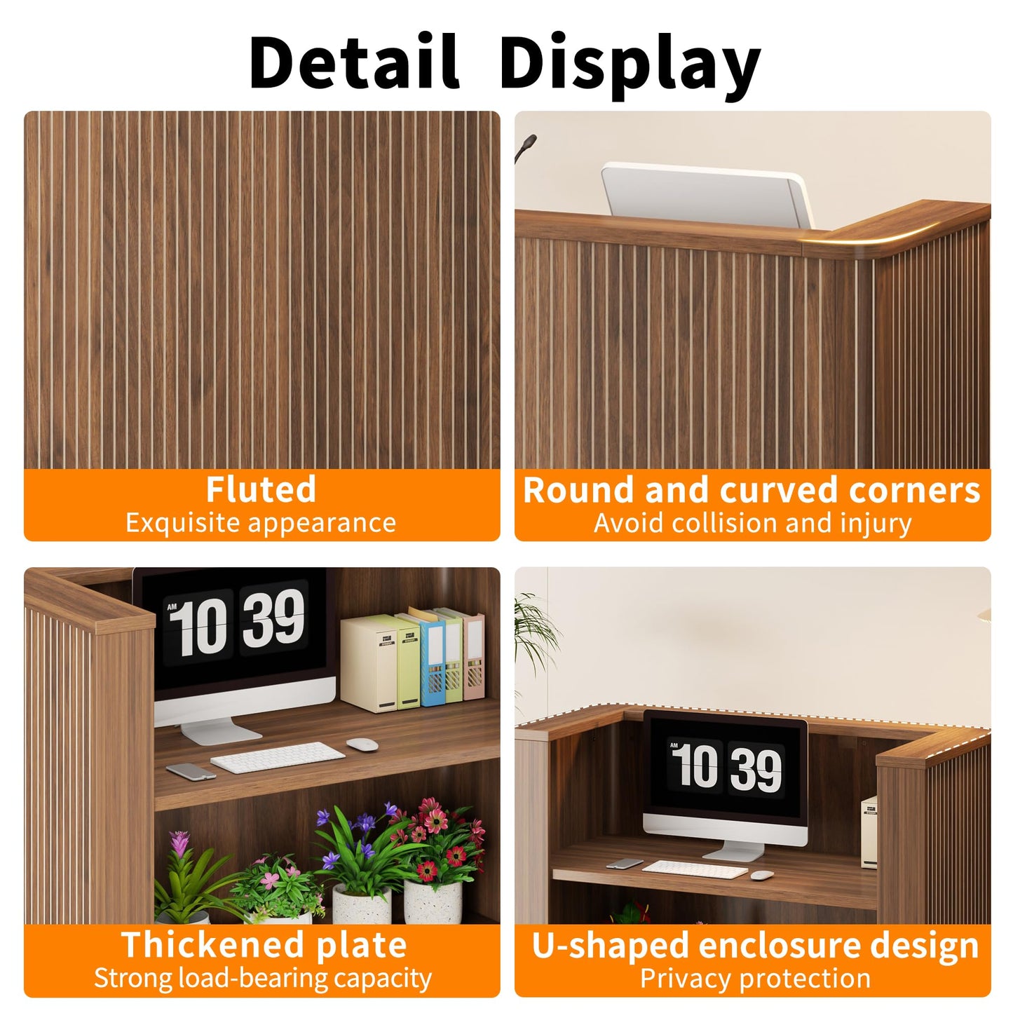 42.1 Inches Reception Desk,Fluted Round Corner Modern Reception Table,Front Counter Table,for Salons, Offices Lobbies Retail Stores and Home Offices (Walnut)