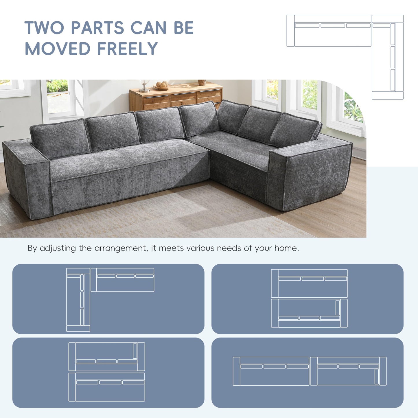 Merax Modern L-Shaped Convertible Sectional Sofa with Cushions, Floor Modular 6-Seat Couch Set with Chaise for Living Room, No Assembly Requiered, Wrinkle-Resistant, Gray