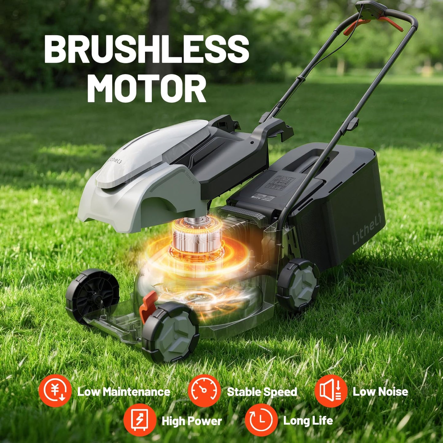 Litheli 14 Inch Battery Lawn Mower with 8.0Ah Long Runtime Battery, Brushless Motor, 5 Cutting Heights 1 to 2.5 Inch, 9 Gal Grass Catcher, Removable Handle, Ideal for Mid Size Lawns