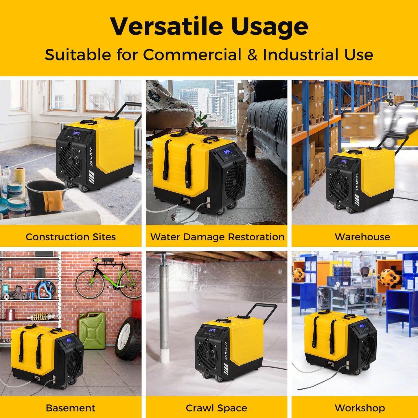 COSTWAY 190 PPD Commercial Dehumidifier with Pump, Rotational Molded Crawl Space Dehumidifier with 26Ft Drain Hose for Water Damage Restoration, Basement (Yellow)