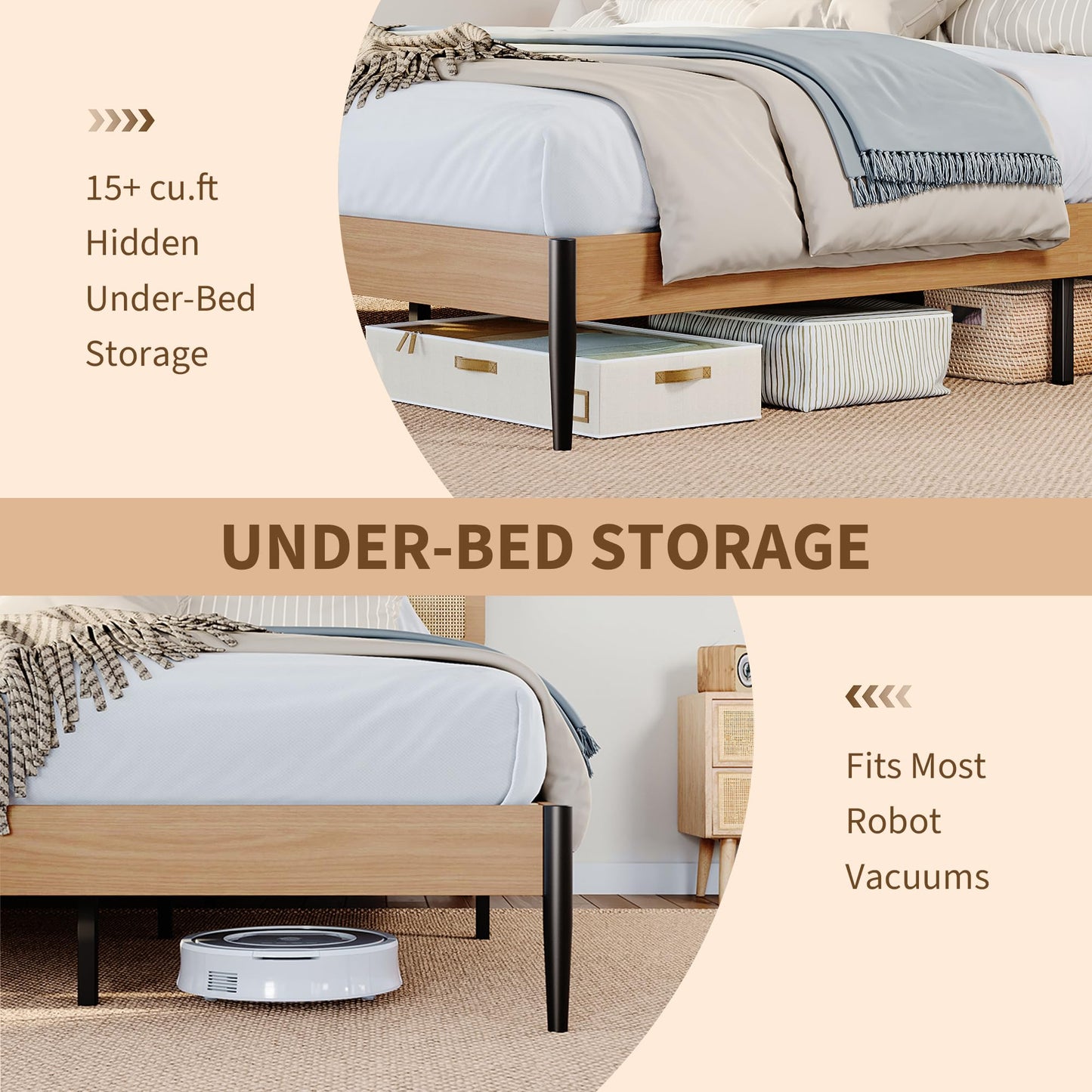 Rattan King Bed Frame with Headboard, Boho King Platform Beds, Natural Woven Rattan Headboard, Heavy Duty Slat Support Platform, No Box Spring Needed, Under Bed Storage, Noise Free, Easy Assembly