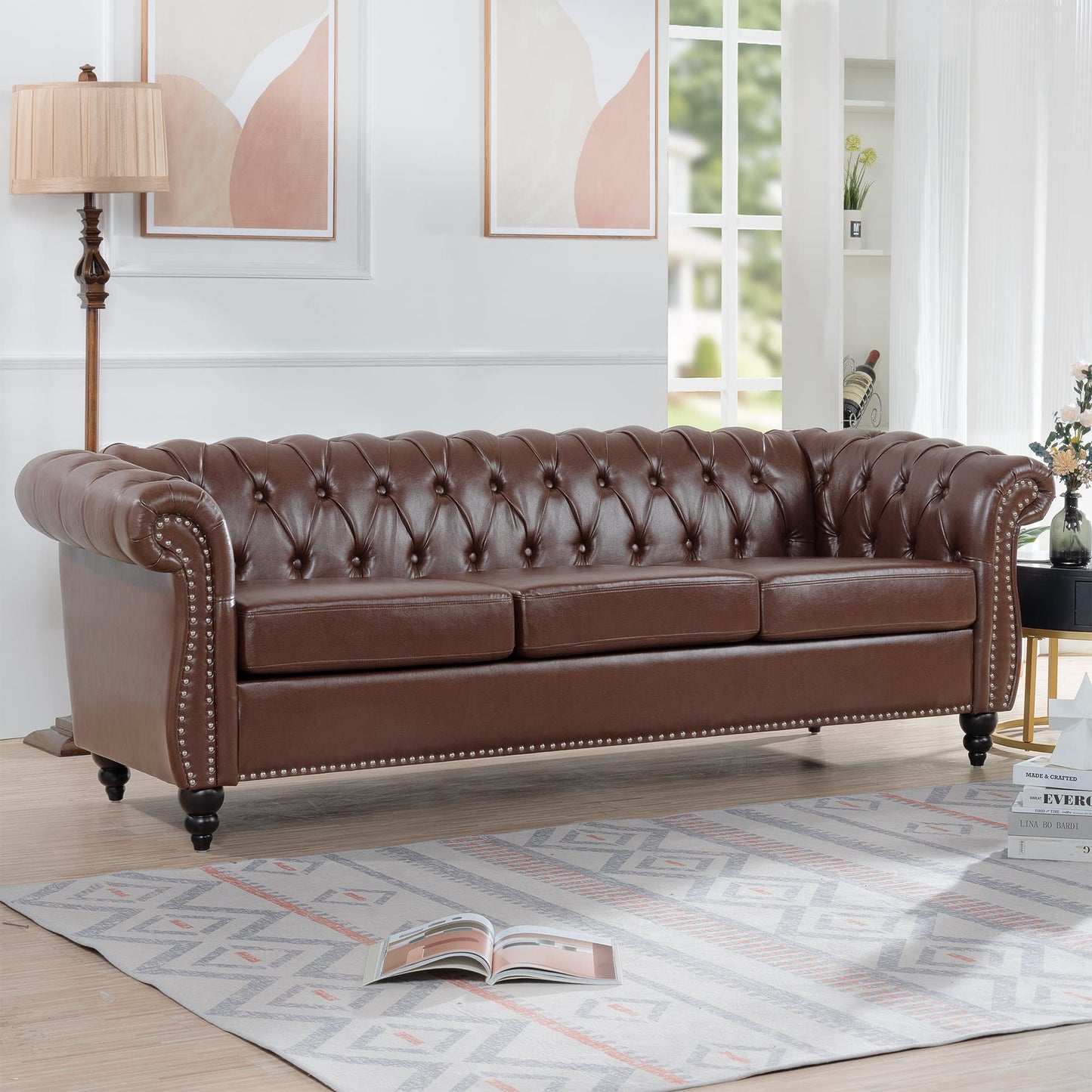 Ball & Cast 84" Chesterfield Leather Sofa with Channel Tufted Seat Back,Classic 3 Seater Couch w/Roll Arm Nailhead Trim and Upholstered,Mid Century Furniture for Living Room,Office,Dark Brown PU