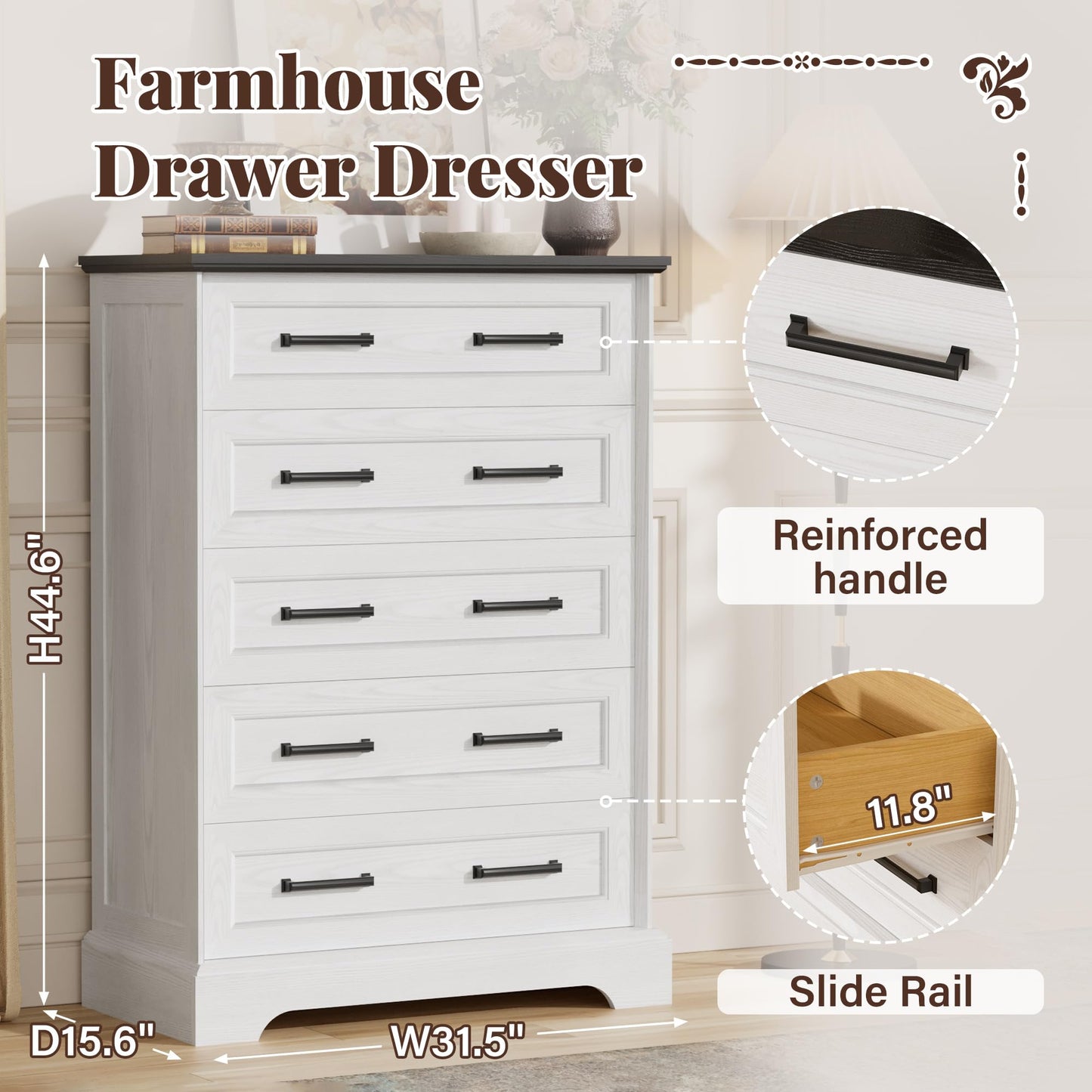 Furmax Farmhouse Dresser for Bedroom, 5 Drawers Dresser, Wood Chest of Drawers, 31.5" Wide Storage Dressers Organizer for Bedroom, Living Room (White and Black)