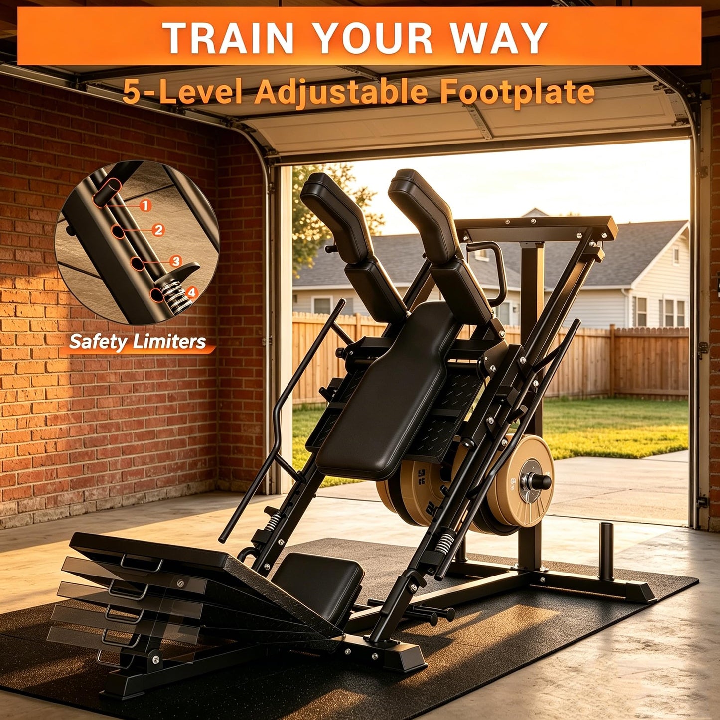 Leg Press Hack Squat Machine 2-in-1 for Home Gym, Linear Bearing System, 1200LB Capacity, 4-Position Safety Stops & Weight Storage, Lower Body Workout Equipment (Weights Not Included)