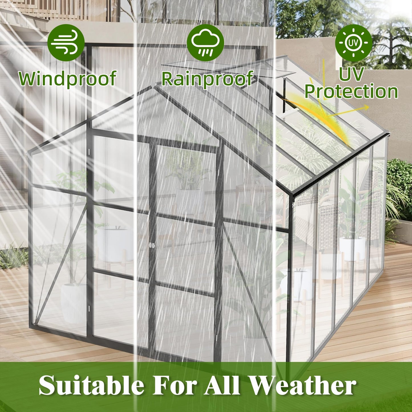 YOPTO 8x10 FT Greenhouses for Outdoor,Heavy Duty Polycarbonate Greenhouse,Large Walk-in Garden Green House with Raised Base,Double Doors and Two Ventilation Windows for Outside, Backyard,Black
