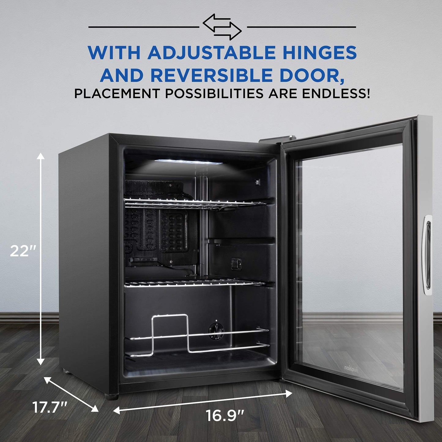 Ivation 62 Can Beverage Refrigerator, Freestanding Ultra Cool Mini Fridge, Beer, Cocktails, Soda, Juice Cooler for Home & Office, Reversible Glass Door & Adjustable Shelving - Stainless Steel