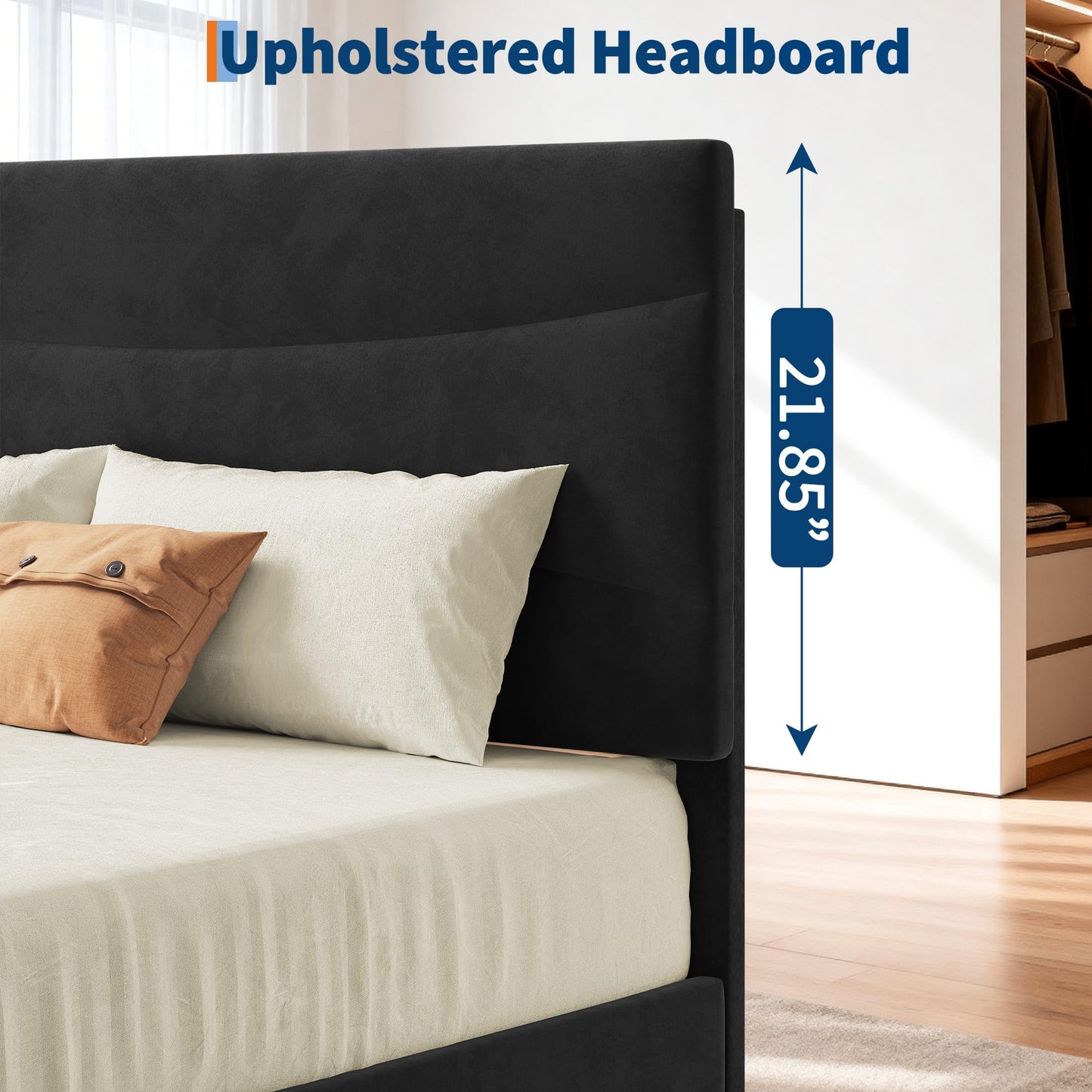 Garvee King Size Bed Frame with Headboard, Velvet Upholstered Platform Bed Frame No Box Spring Needed with Under-Bed Storage and Strong Wood Slats Support, Noise Free, Easy Assembly, Black