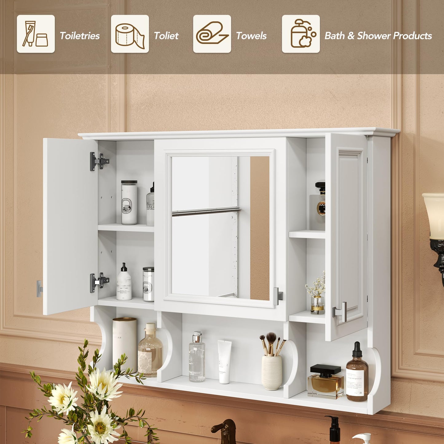 Virubi Bathroom Wall Cabinet with Mirror, Medicine Cabinet with 3 Doors and Adjustable Shelf, Space Saver Storage Cabinets Over The Toilet for Bathroom (35'' x 28'') (White)
