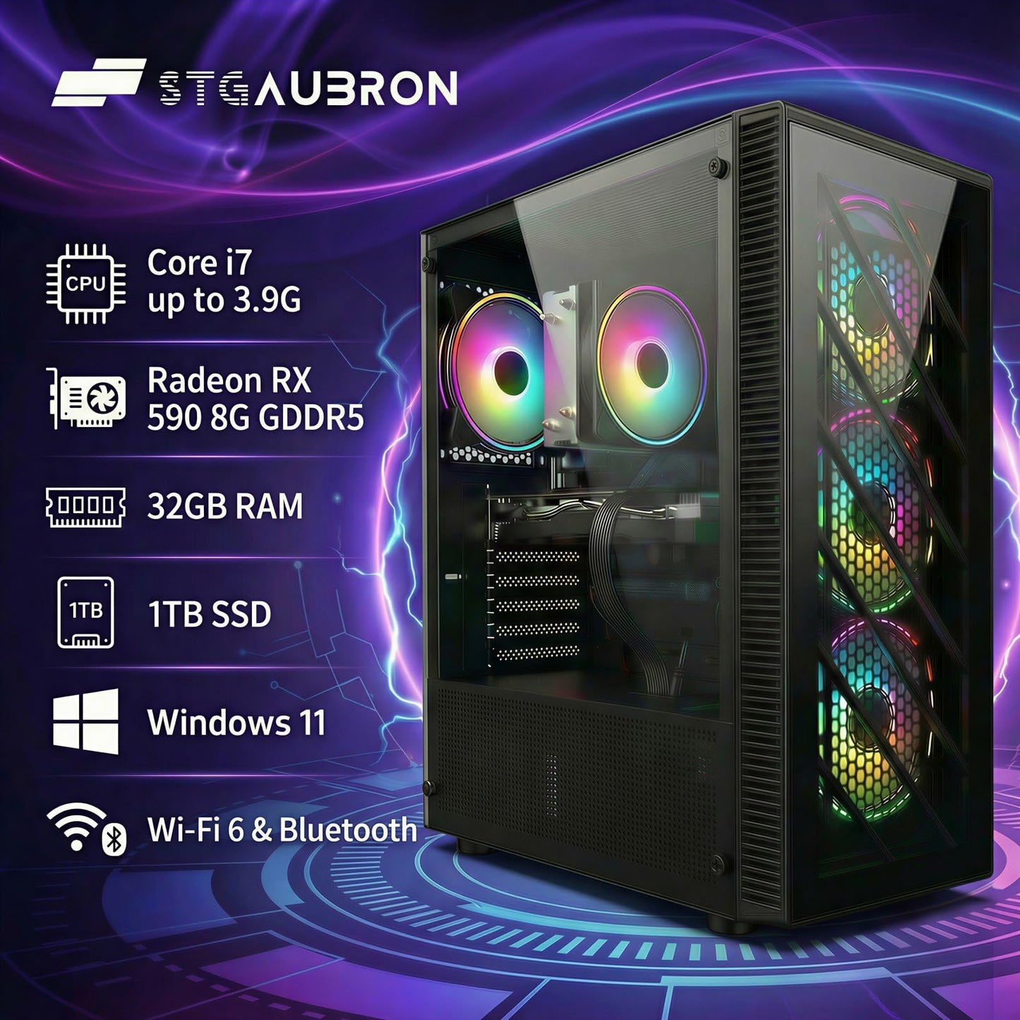 STGAubron Gaming PC Computer Desktop, Intel Core i7 up to 3.9G, Radeon RX 590 8G, 32GB RAM, 1TB SSD, WiFi 6, BT 5.0, RGB Fan x4, Windows 11 Home