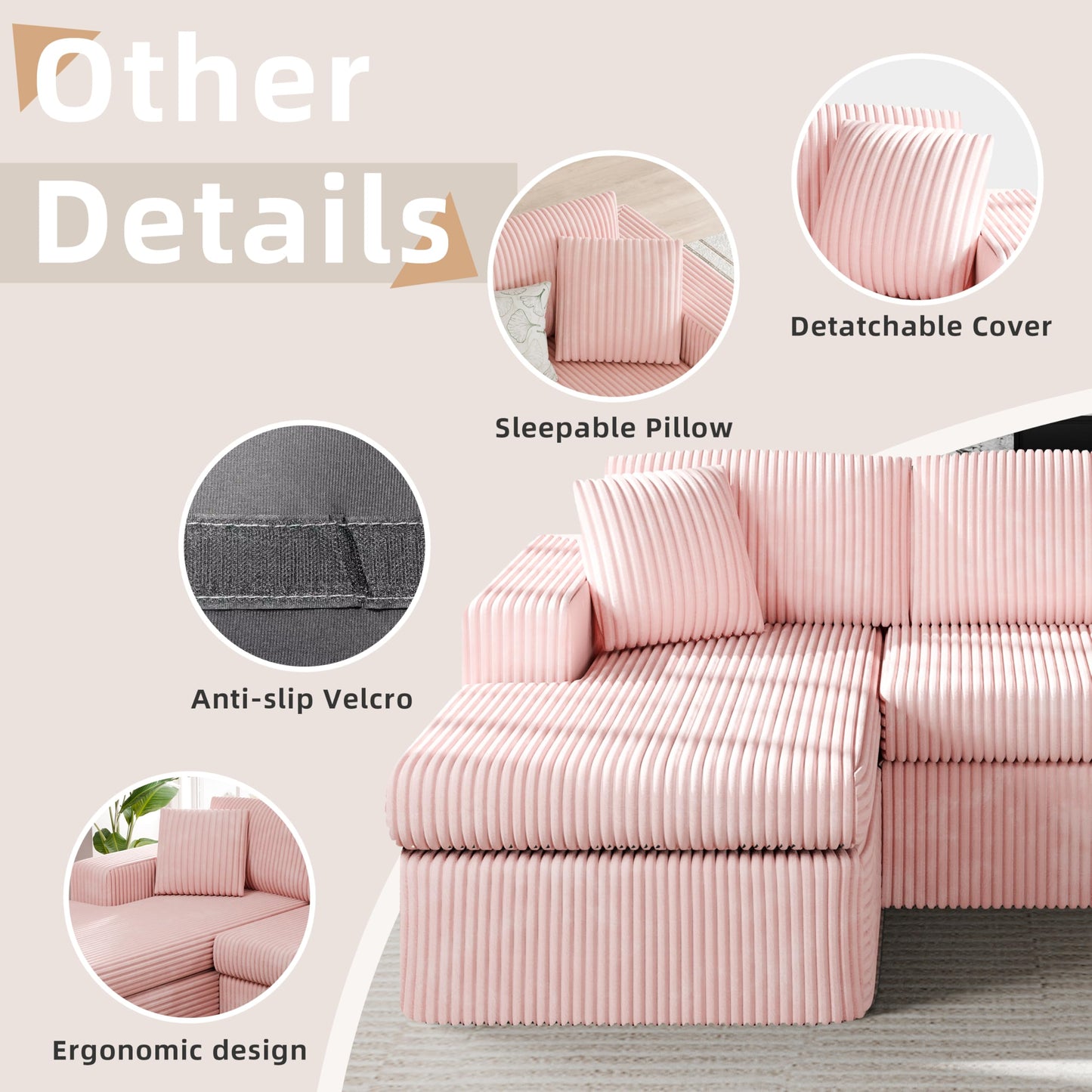 Shintenchi Boneless Couches for Living Room,Modular Sectional Sofa with Deep Seat,Memory Foam Cloud Couch with L Shaped Oversized Chaise,No Assembly Needed Plush Corduroy Sofa,Pink
