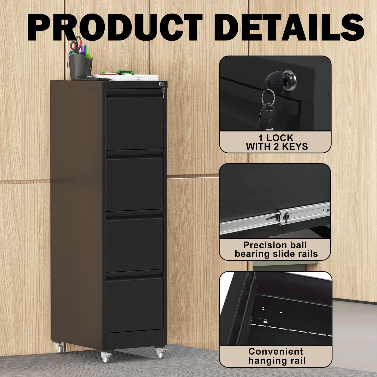 FOSTOKO File Cabinet with Lock, 4 Drawers Filing Cabient with Wheel, Steel Vertical Filing Storage Cabinet for Home Office, Heavy-Duty File Cabinets for Letters/Legal/A4 (Require Assembly, Black)