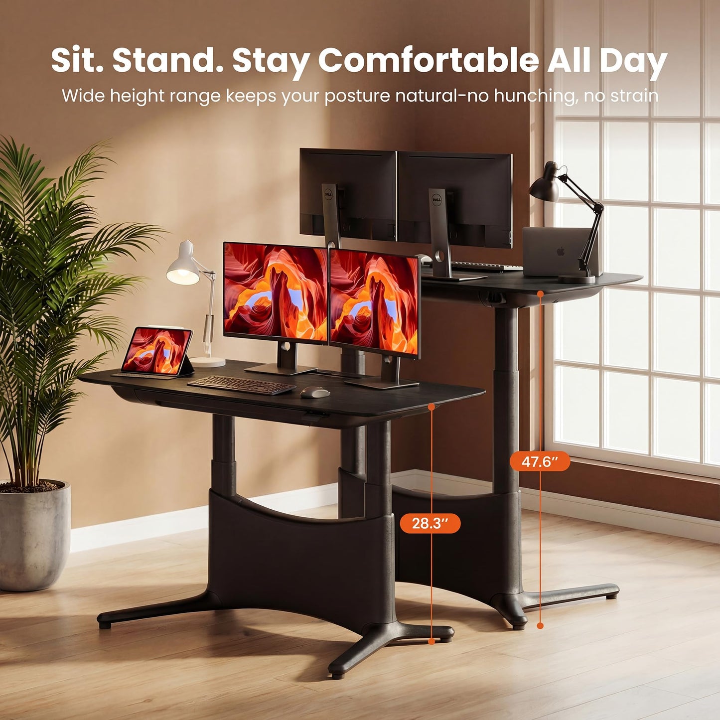 COLAMY Electric Standing Desk 55x28, Desktop Wobble-Free Dual Motor Sit Stand Up Desk with Drawers, Outlets & Footrest, Adjustable Height Computer Table for Home Office Workstation, Black Oak